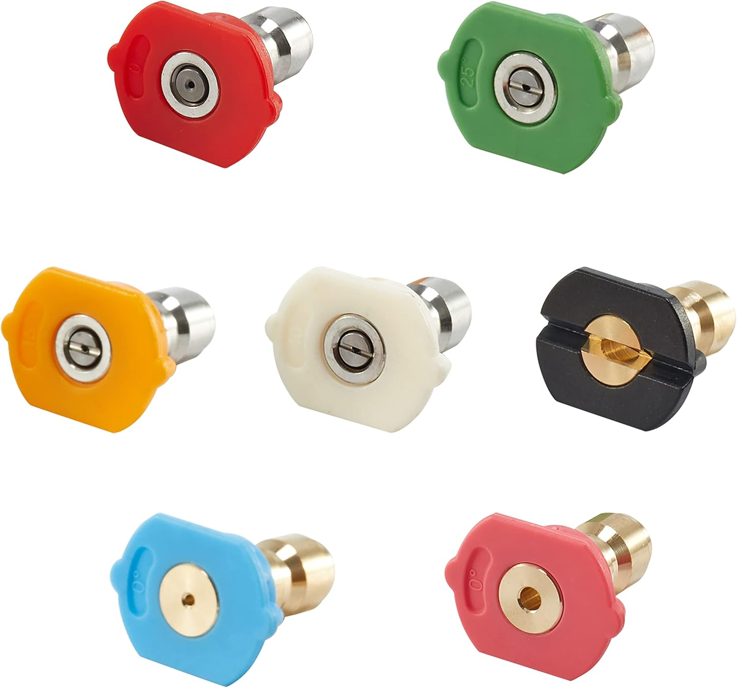 Pressure Washer Nozzle Set, 7 Pack, 5 Degrees (0&deg;, 15&deg;, 25&deg;, 40&deg;, 65&deg;) & 2 Soap/Rinse Nozzles, 1/4 Inch Quick Connect, Stainless Steel, Brass & Plastic, up to 4000 PSI