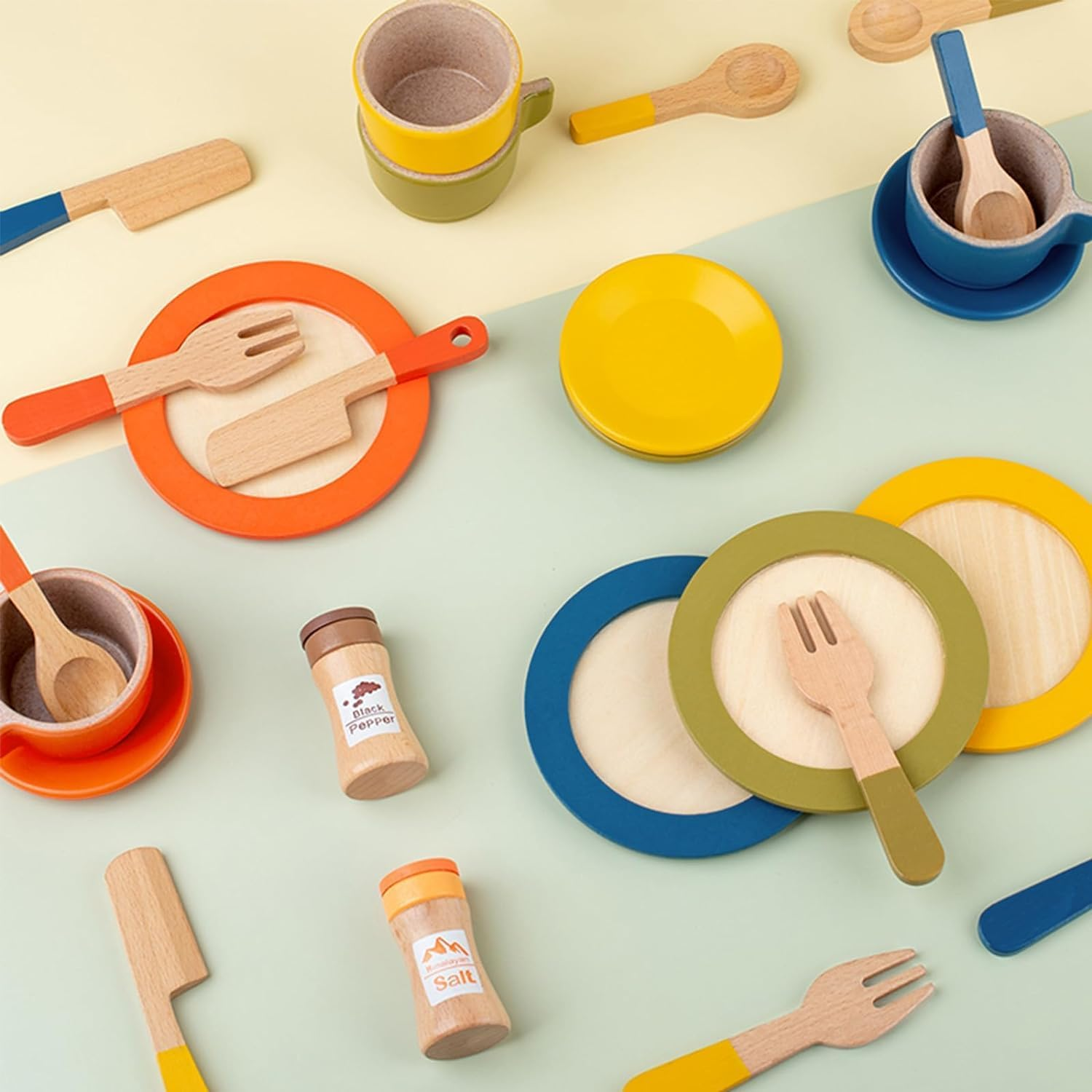 XICEN Wooden Dish Set for Kids, Play Dishes for Kids Kitchen, Wood Plates Set for Toddler, Montessori Wooden Kitchen Toys Accessories image number 4