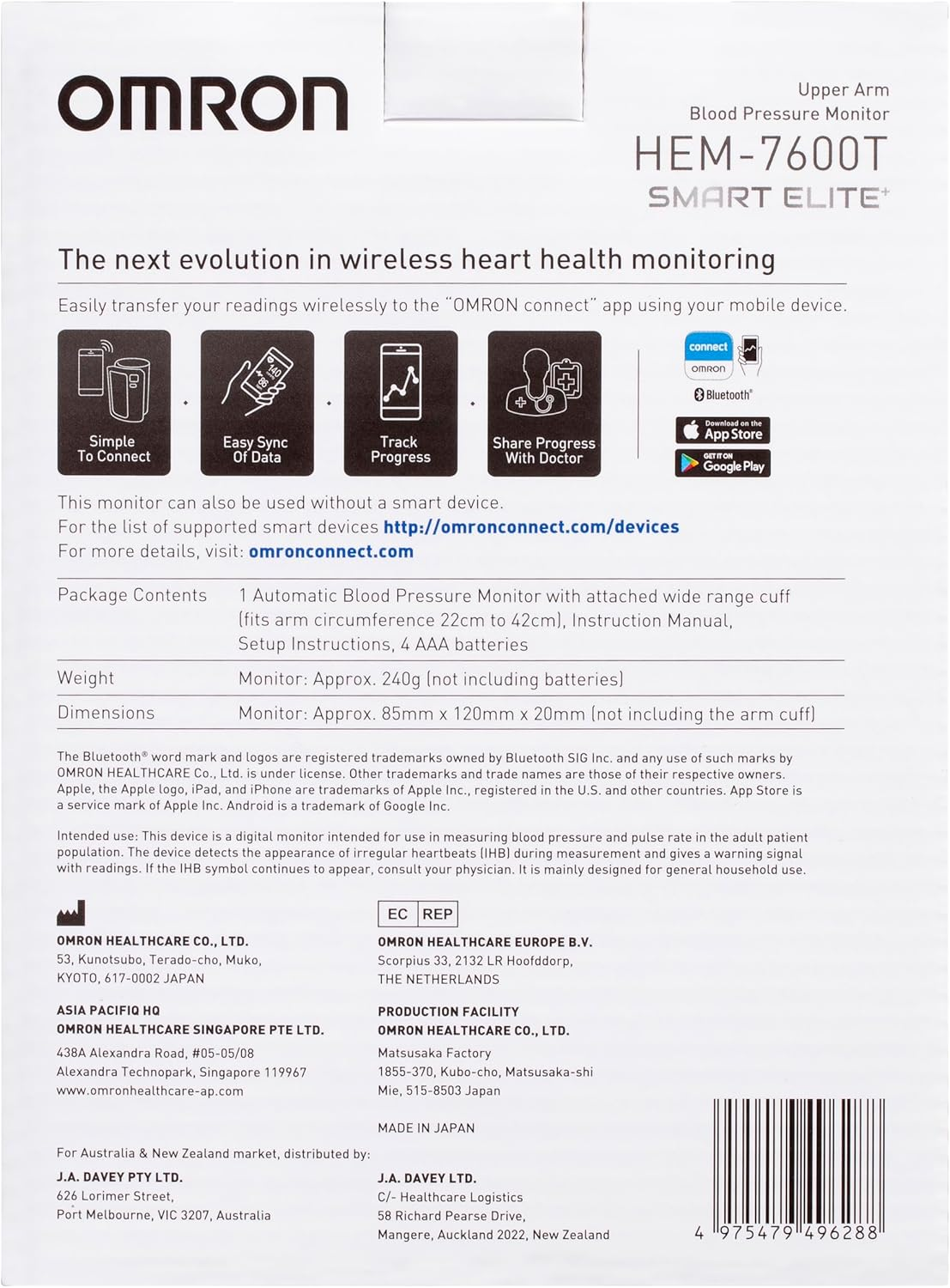 OMRON HEM7600T Smart Elite Tubeless Upper Arm Blood Pressure Monitor &ndash; Bluetooth, Intelliwrap Cuff, 360&deg; Accuracy, Upper Arm, 3+3 Warranty image number 4