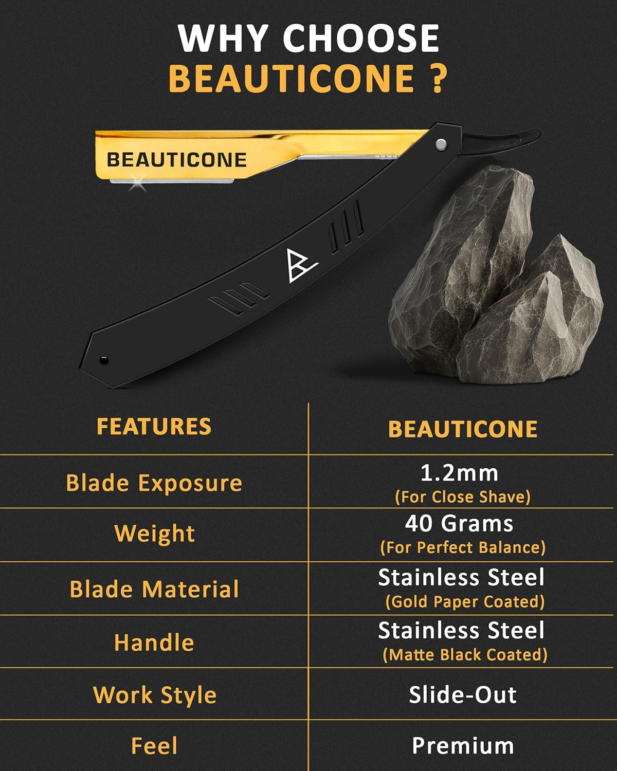 BEAUTICONE Professional Straight Razor for Men with 100 Single Edge Blades | Slide-Out Design (Black and Gold) - Barber Pole Slide-Out image number 2