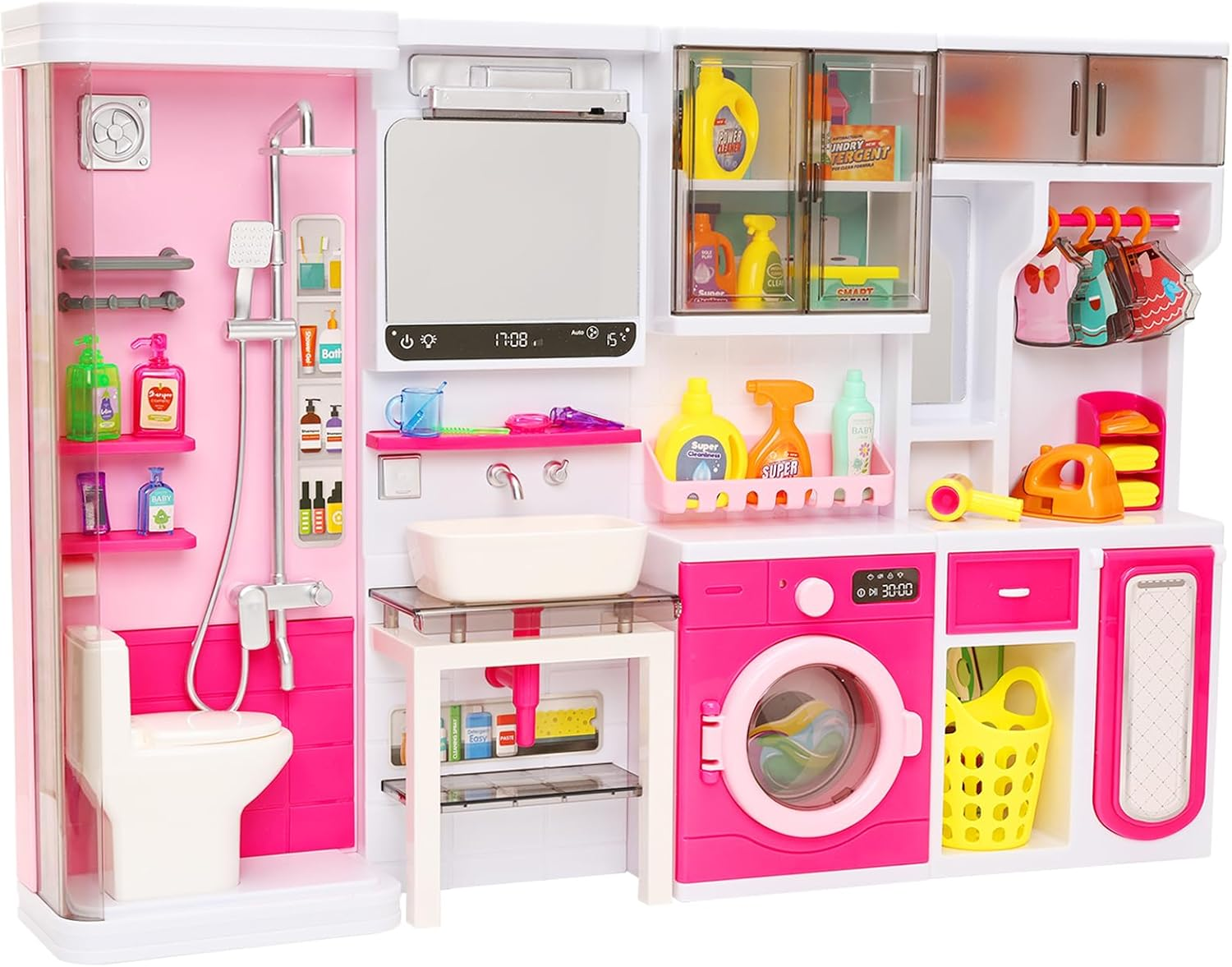 Barwa Mini Bathroom Playset, Dressing Table Toy Set, Toilet Accessories, Head Hair Stylist Toy Kit, Fashion Gown Dress Bathrobe Pajamas, Pretend Role Play Toys for Boys Girls image number 1