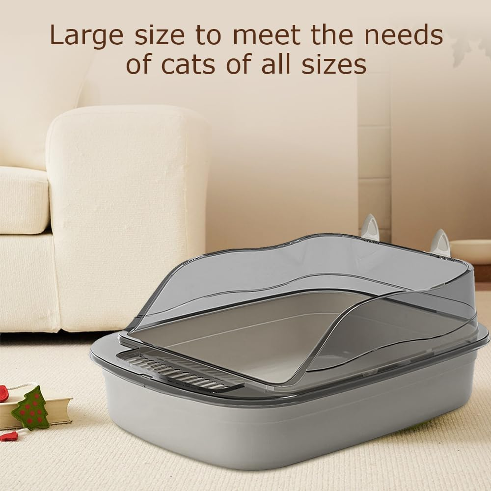 Open Cat Litter Tray Box Kitty Toilet with Extra Large Entry and Splash Guard,Easy Clean,Includes Litter Scoop,Stylish & Spacious Design for Larger Cats,Anti-Leakage,Non-Sticky (Grey)
