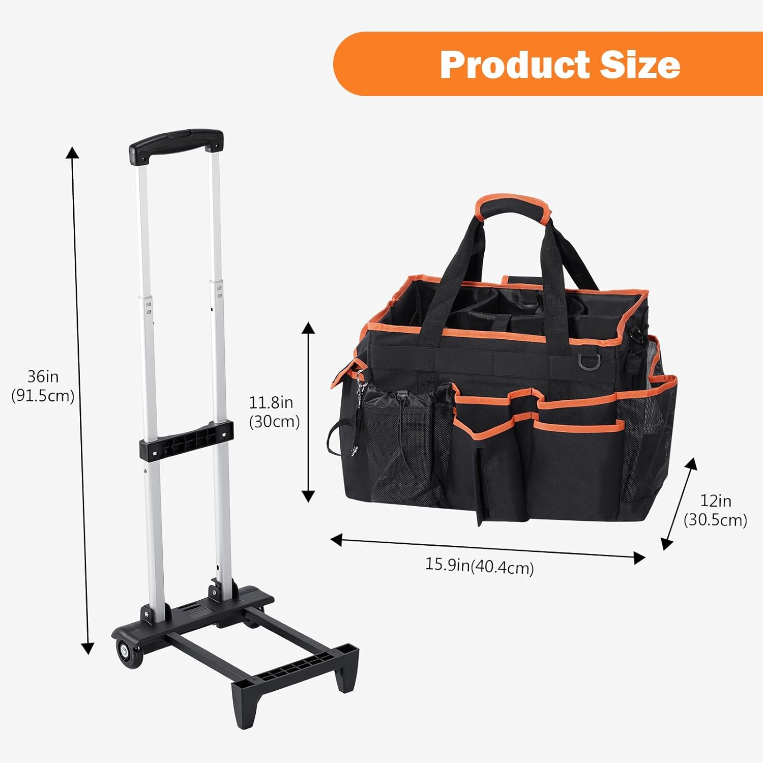 Puricon Cleaning Caddy with Wheels, Professional Portable Rolling Cleaning Supplies Bag with Detachable Trolley Large Cleaning Cart with Handle and Shoulder Strap for Housekeeping -Blackorange