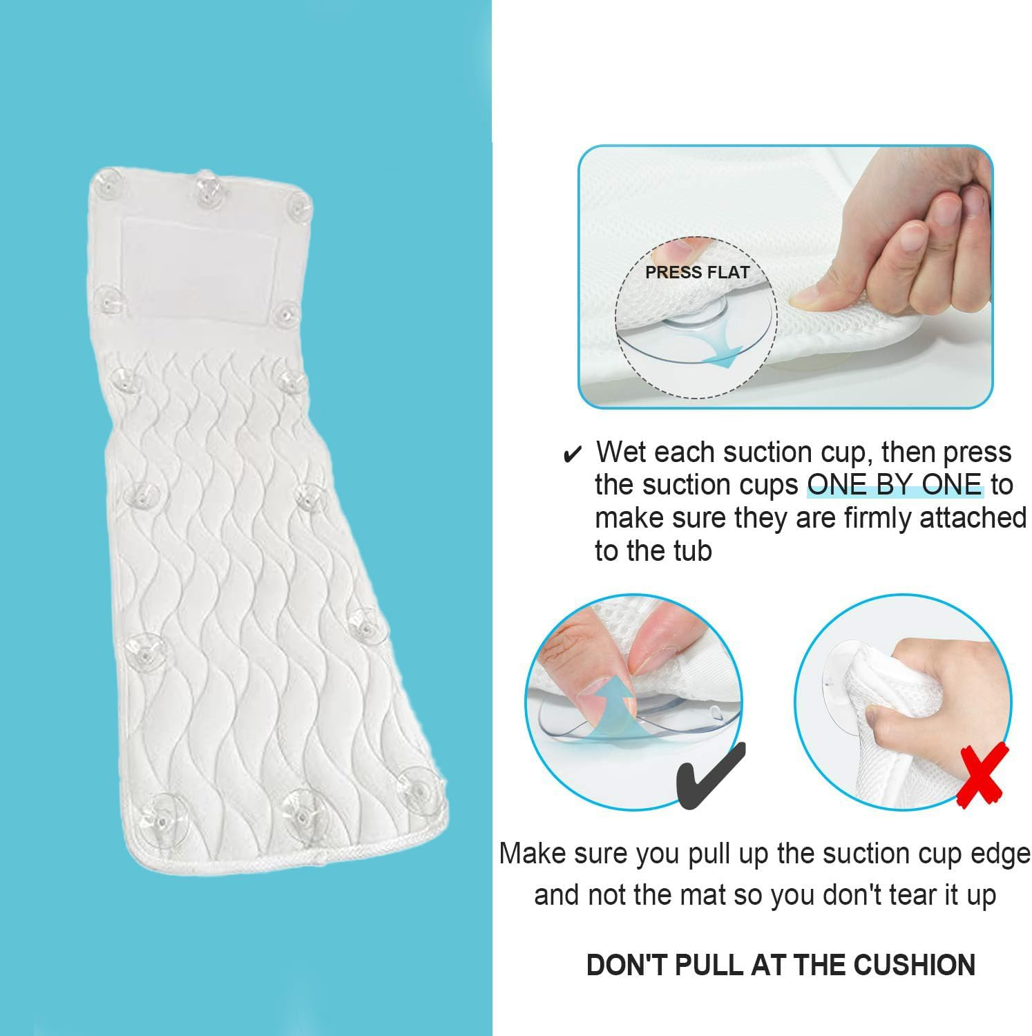 BOOC Powerful Full Body Bath Cushion with Neck Support Pillow - 42 X 125Cm, 3D Air Mesh, 14 Suction Cups - Perfect after a Long Day - Home Spa Experience image number 6