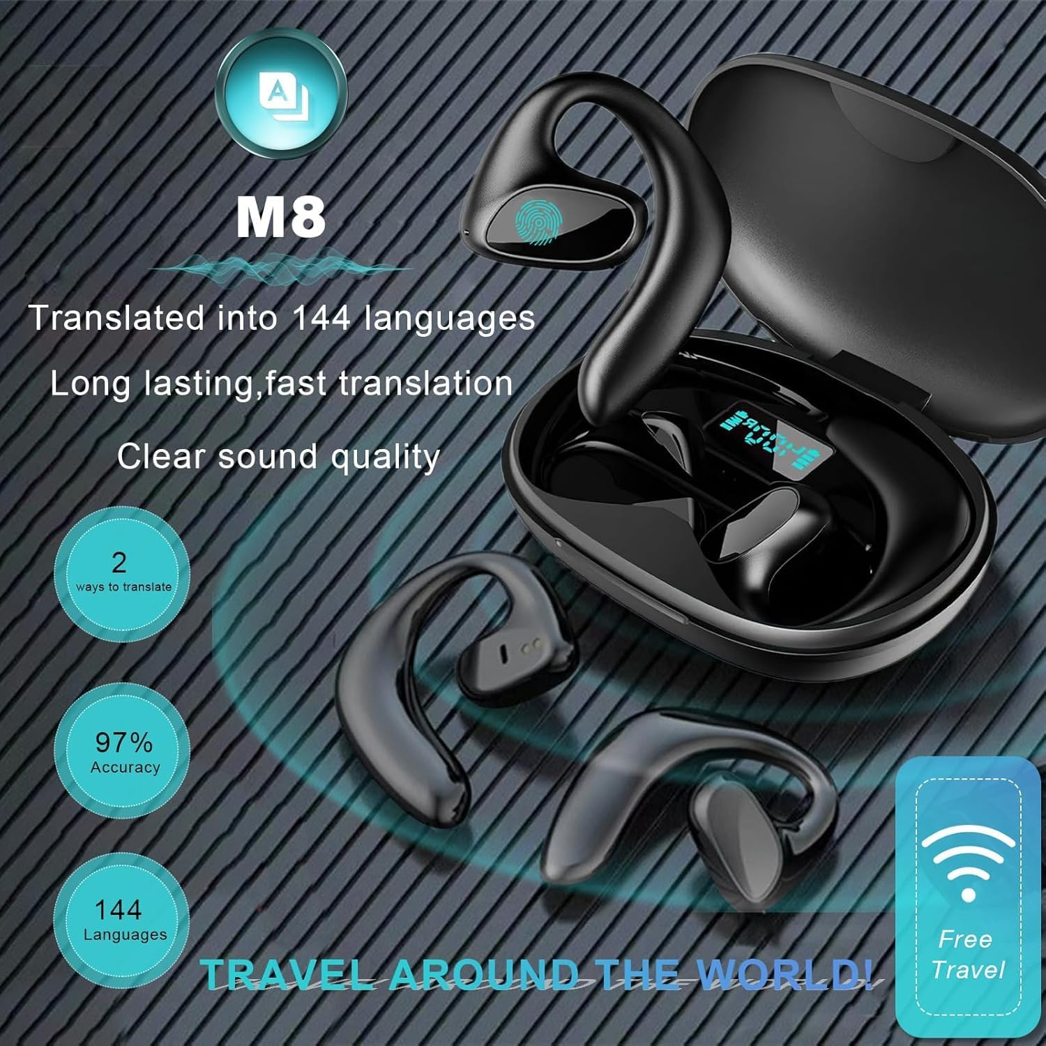 Jectse Open Ear Headphones, Music Calling TWS Bluetooth 5.3 Air Conduction Wireless Earbuds, Real-Time Translation for 150 Languages & Accents, for Business, Meeting, Travel, Black - Black image number 3