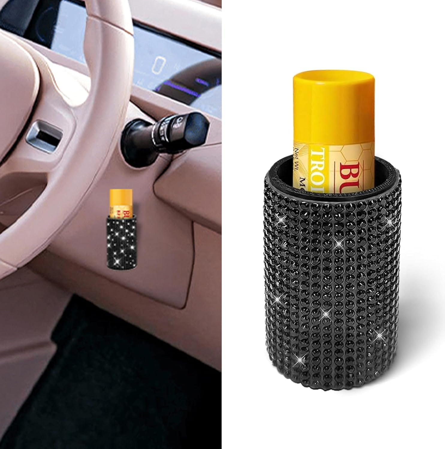 1 Pack Upright Car Chapstick Holder, Bling Lip Balm Holder,Rhinestone Car Interior Accessories for Women ,Suitable for Most Vehicles (Pink)
