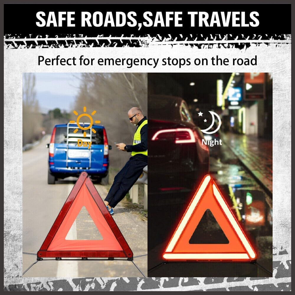 HOURSDY 3-Pack Safety Triangle Kit, Foldable Emergency Road Warning Reflector Roadside Reflective Warning Sign Emergency Car Kit with Storage Box