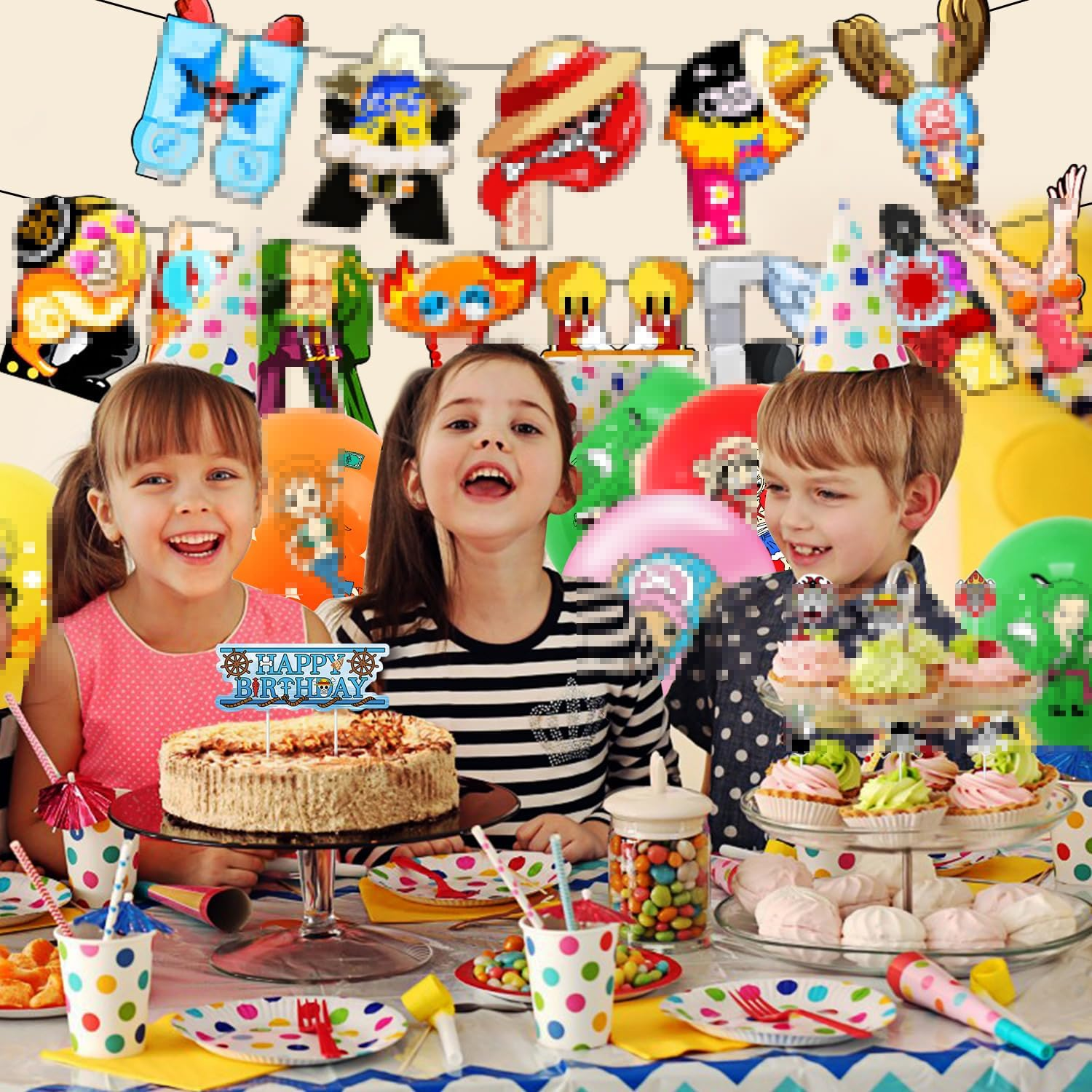 One Piece Birthday Decorations Set, 34 Pieces, One Piece Balloons, Birthday Banner, One Piece Cake Decoration, One Piece Latex Balloon, Cupcake Toppers, Party Accessories for Children'S Birthdays