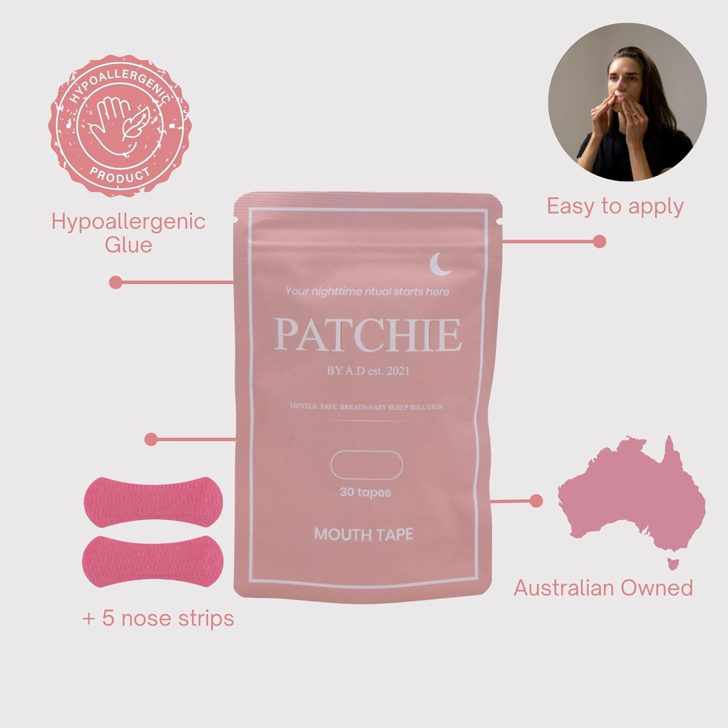 Mouth Tape for Sleeping Bundle - 30 Mouth Tape Strips + 5 Nasal Strips for Sleeping, Sleep Better Kit, Breathable Gentle Mouth Tape, Hypoallergenic Mouth Tape for Snore Relief (Pink). PATCHIE by A.D EST. 2021 - Pink image number 5