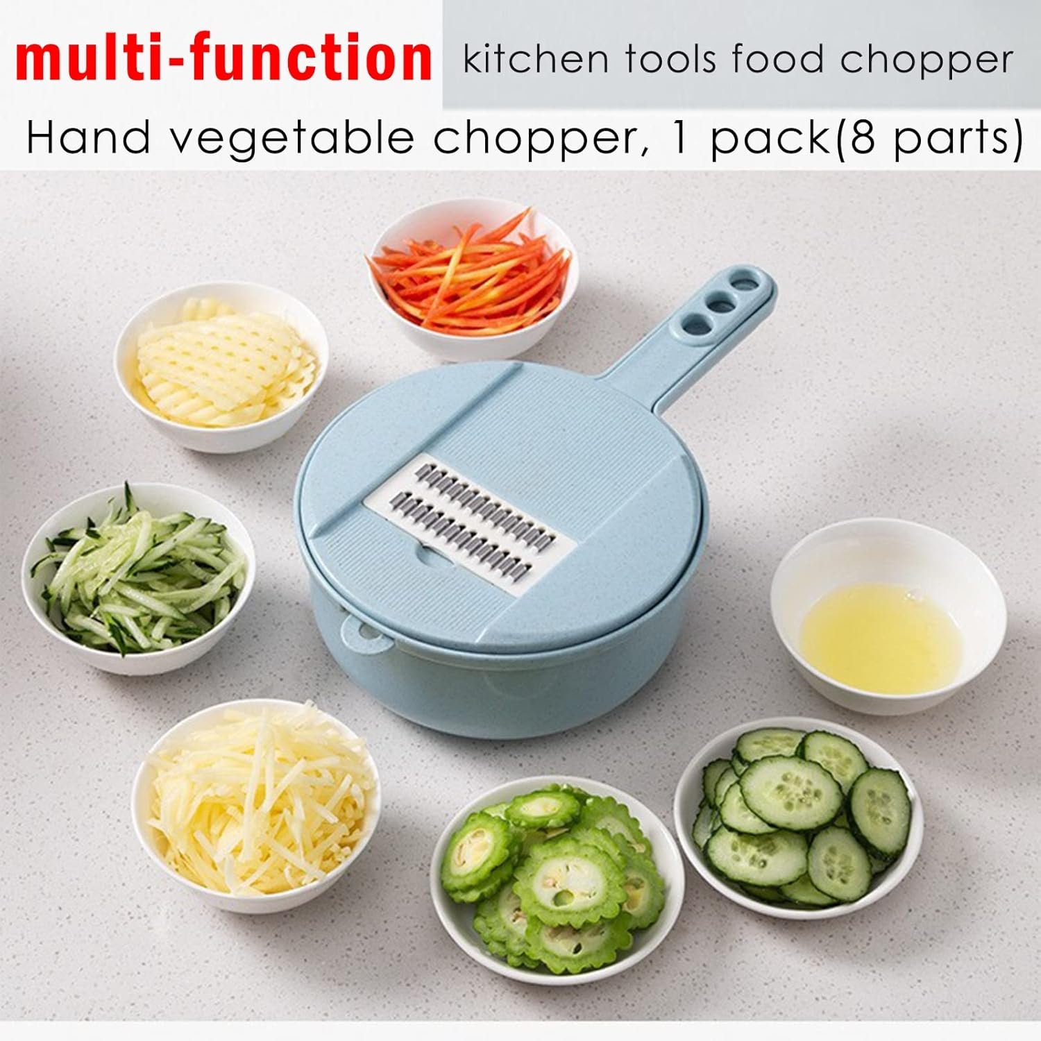 Vegetable Cutter Onion Vegetable Potato Cheese Food Mandolin Hand Cutter Dicer Cutter with Container 5 Blades Adjustable Blue image number 6