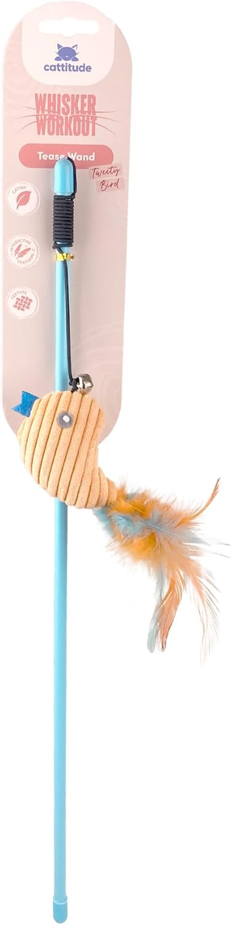 Cattitude Cat Toy Whisker Workout Simon Snake Tease Wand, 76Cm Height, Blue & Orange - Rattle to Encourage Play, Interactive Feathers, Textured Fabric