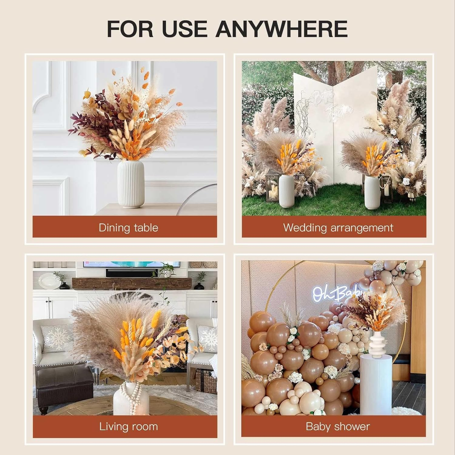 Fall Decor for Decorations for Home Autumn Thanksgiving Table Boho Flowers Orange Pampas Grass Fluffy Dried Flower Bouquet Dry Pompas 17"-95-Pcs Pompous (Orange)