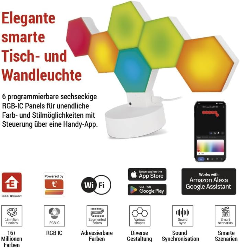 EMOS - Smart Hexagon Table and Wall Lamp, 6 Pieces Hexagon Elements 2-In-1 - Wifi Modular Lighting with RGBIC Colour Spectrum, Dimmable - Handyapp, Voice Assistants - 1M USB Charging Cable - White