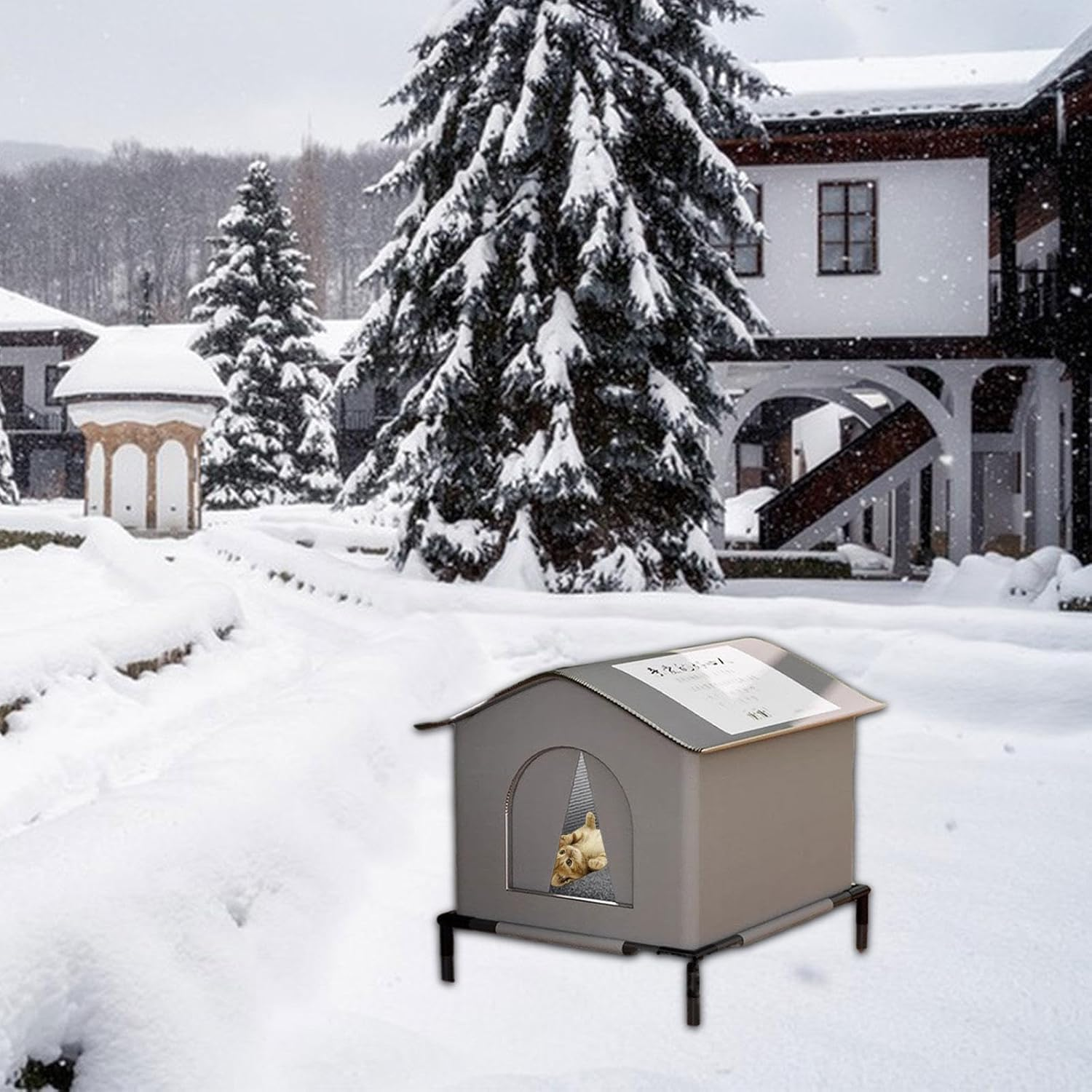 Folpus Outdoor Cat House Kitty Pet House,Pet Supplies,Dog House,Warm and Insulated Cube Cat Shelter Elevated for Porch outside Barn, L image number 2