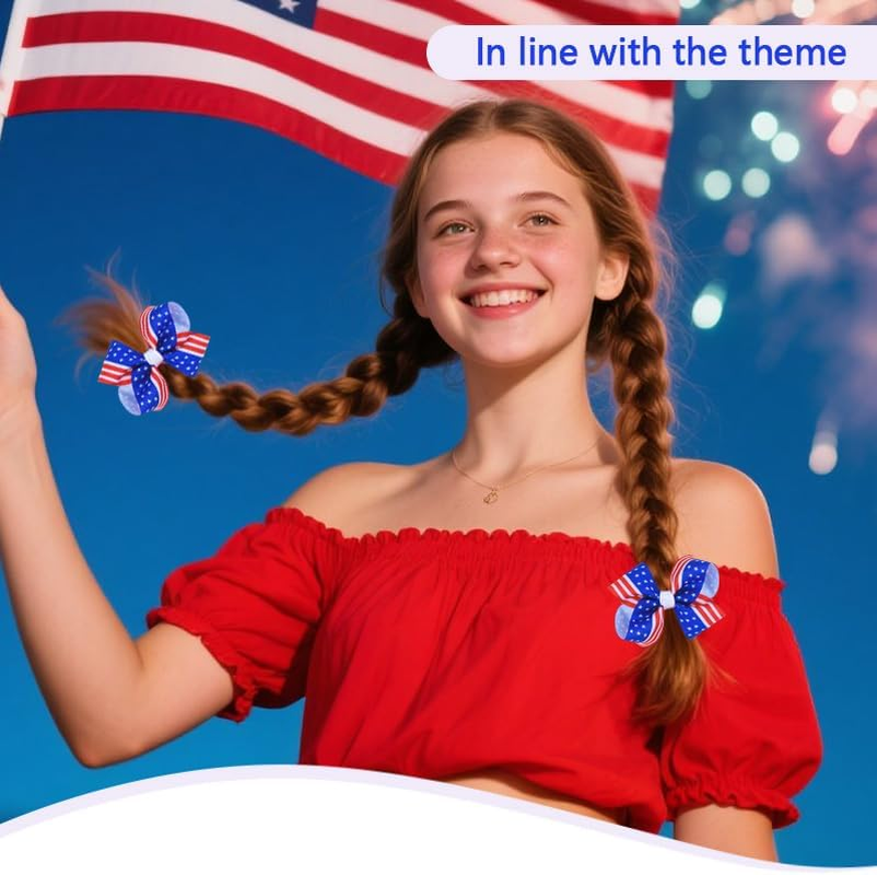 Fourth of July Hair Bow Clips USA American Flag Hair Pins Accessories Red White Blue Stars Stripes Bow-Knot Ribbon Barrette Patriotic Independence Day 4Th of July Headpiece Headwear Outfit 2 PCS image number 4