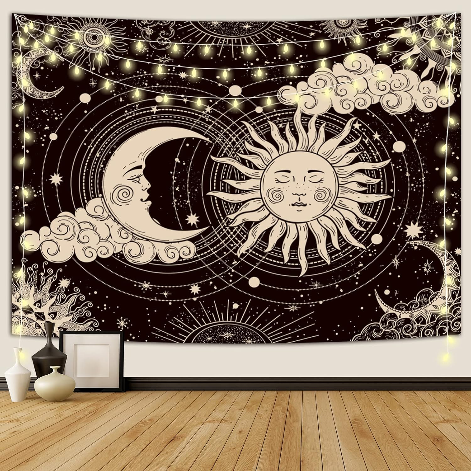 Sun and Moon Tapestry, Aesthetic Black Dark Spiritual Tapestries Mystic Burning Sun with Clouds Star Wall Hanging Decor for Bedroom (59.1" X 82.7") image number 3