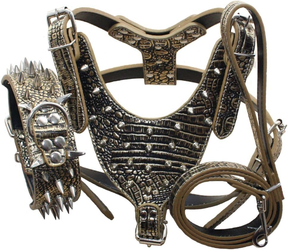 Haoyueer 3 Piece Set Leather Dog Collars Harnesses and Leads Sharp Studs for Medium Large Dogs Bull Terrier Mastiff Boxer Bull Terrier (M, Pink Leopard)