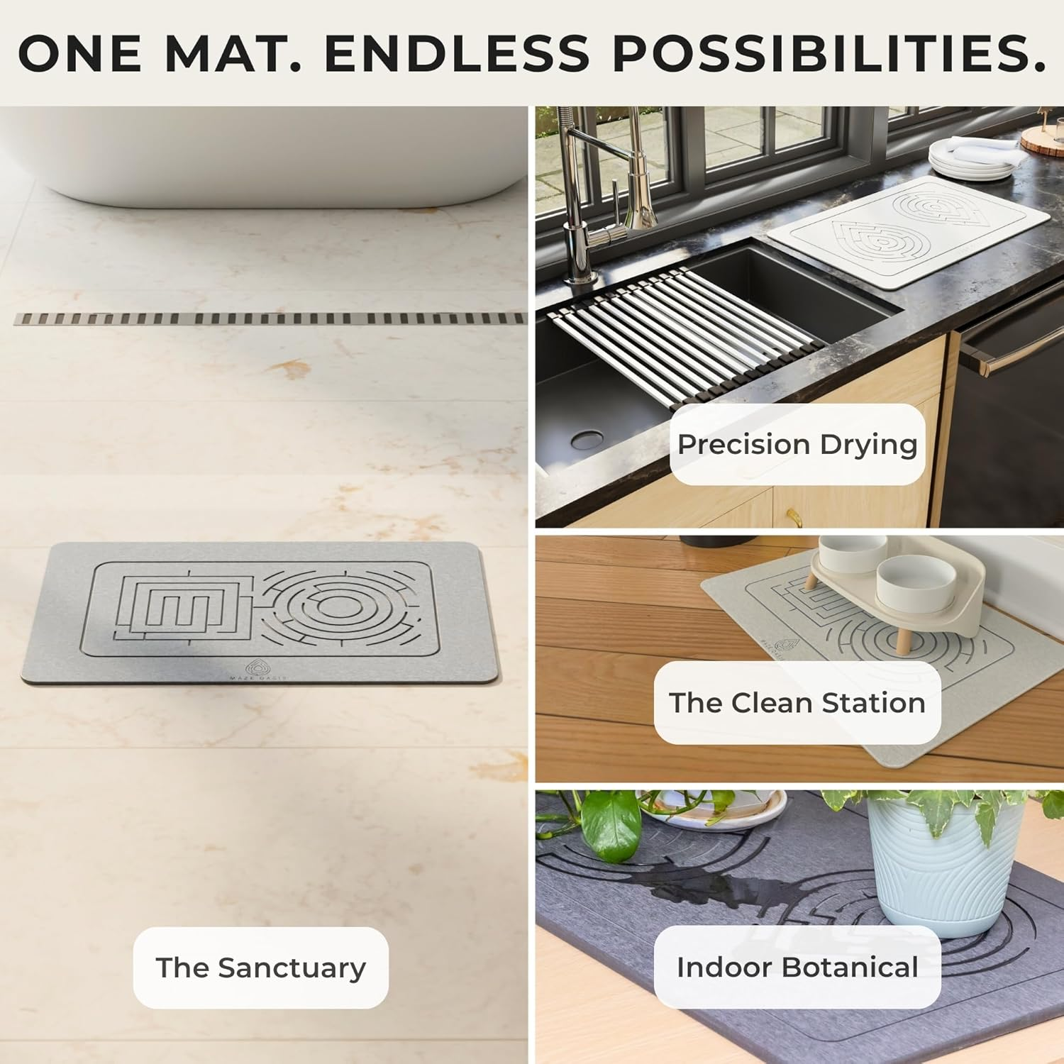 MAZE OASIS Stone Bath Mat Set (2 Pack) [Bath & Kitchen System] &ndash; Diatomaceous Earth Bathroom Mat & Stone Drying Mat for Kitchen Counter &ndash; Non Slip, Engraved Airflow &ndash; Serenity Ash