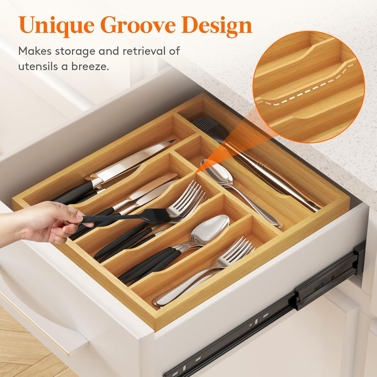 Lifewit Silverware Drawer Organizer Tray, Bamboo Cutlery Storage for Kitchen Drawer, 5 Compartment Flatware and Utensil Holder Divider for Spoons Forks Knives Tableware, Natural image number 6