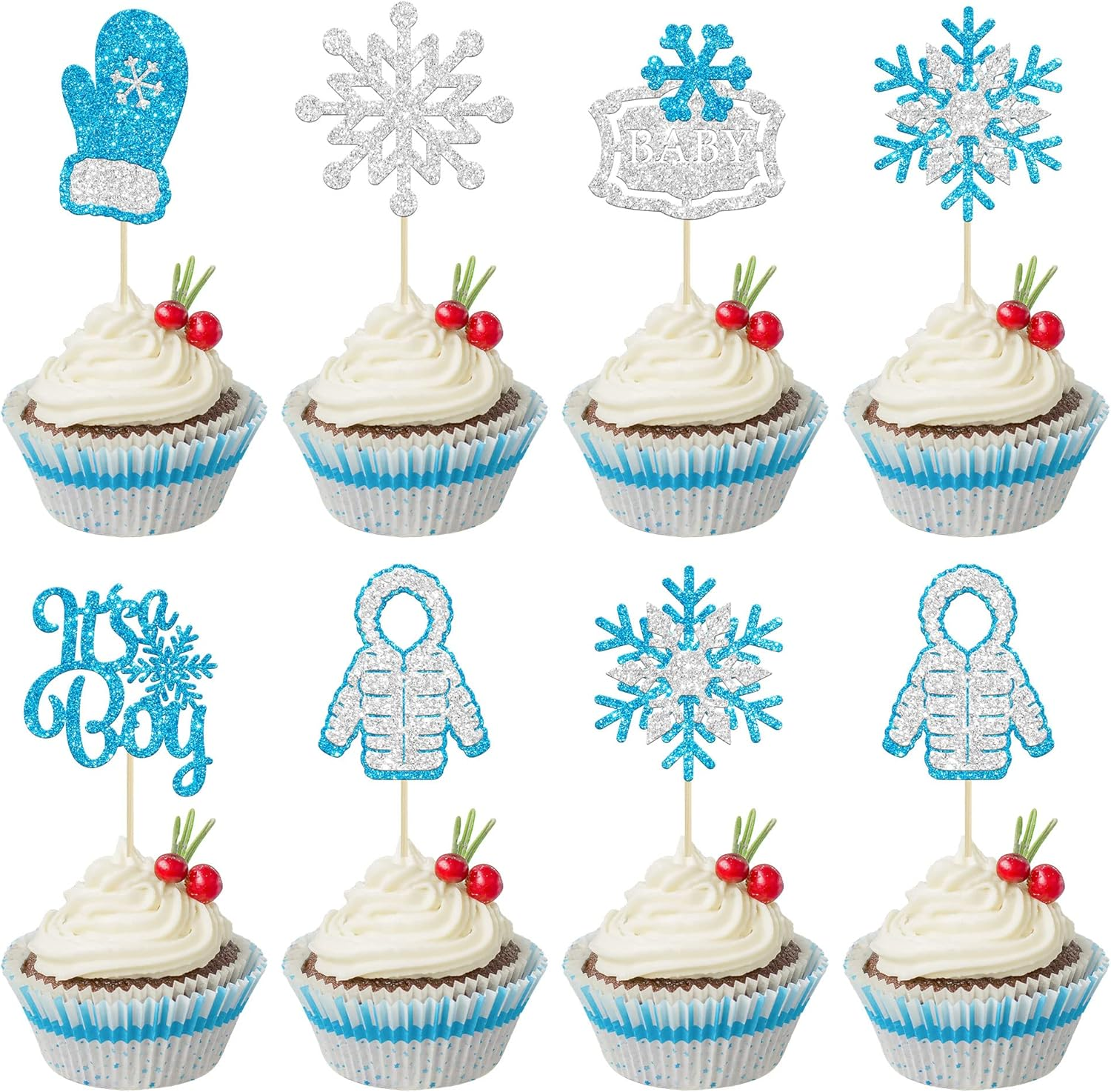 50Pcs Blue Edible Snowflake Cupcake Toppers Snowflakes Cake Topper Decorations for Christmas Winter Holiday Frozen Theme Babyshower Birthday Wedding Party Supplies