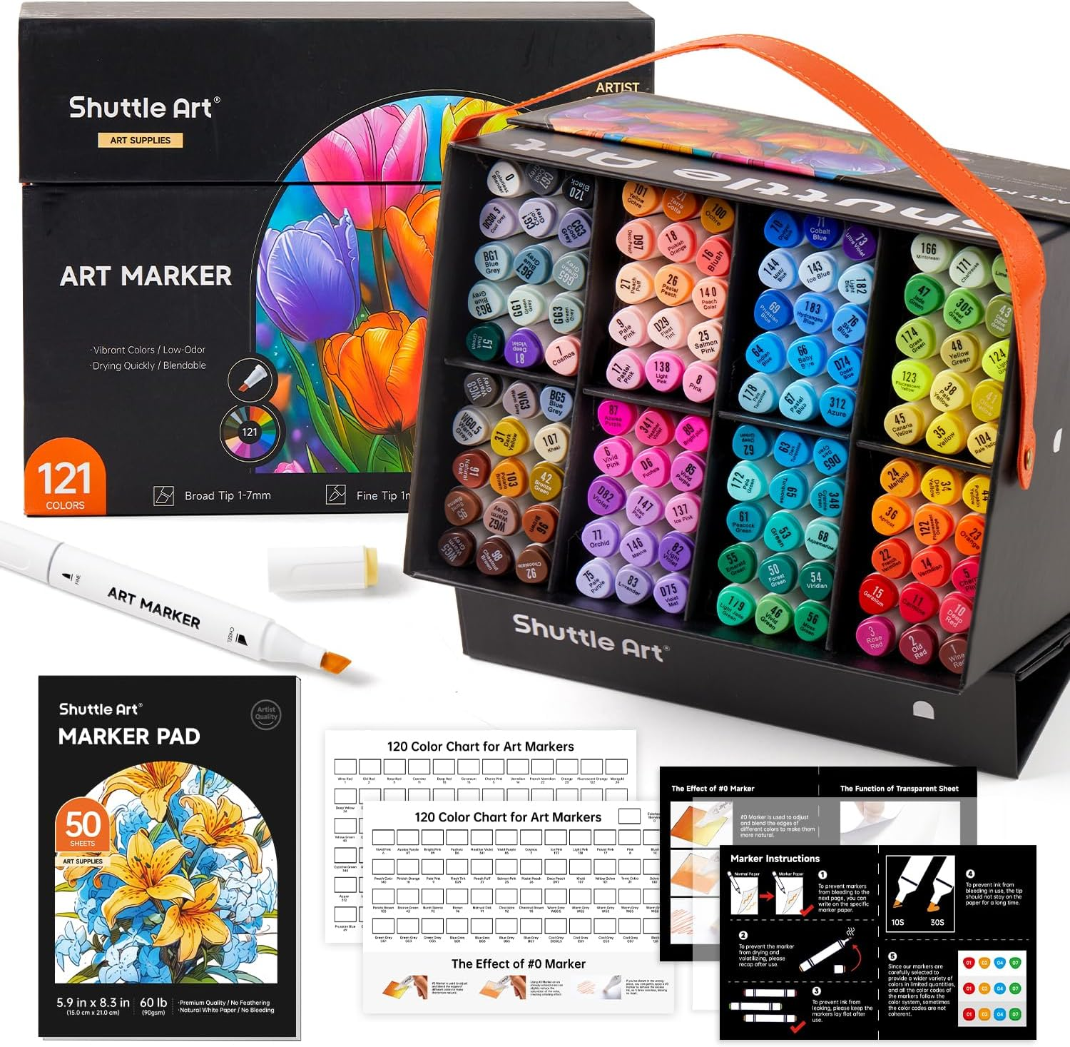 Shuttle Art Dual Tip Alcohol Based Art Markers,120 Colors plus 1 Blender Permanent Marker 1 Marker Pad with Case Perfect for Kids Adult Coloring Books Sketching Card Making