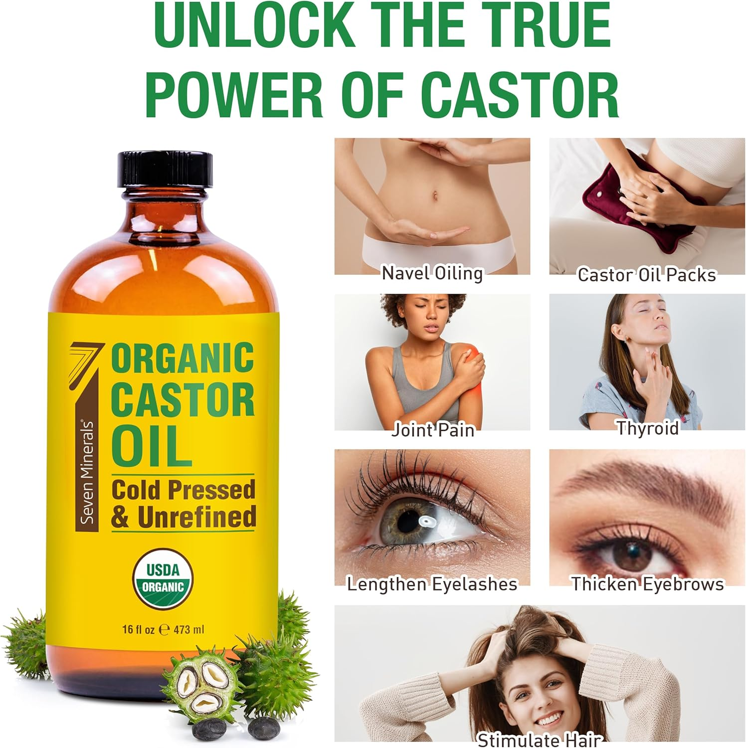 Seven Minerals NEW 16 Fl Oz Glass Bottle Castor Oil Organic Cold Pressed Unrefined Glass Bottle Pack - 100% Pure USDA Certified Organic Hexane Free image number 3