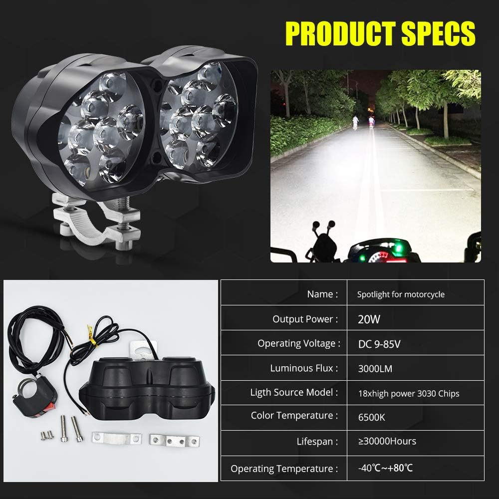 HENLIX Motorcycle Driving Lights 3000LM Super Bright 18SMD Chips Sport Lights Waterproof for Cars ATV Bike Yamaha UTV Truck Boat Dc9-85V,Xenon White.(1-Pack). image number 2