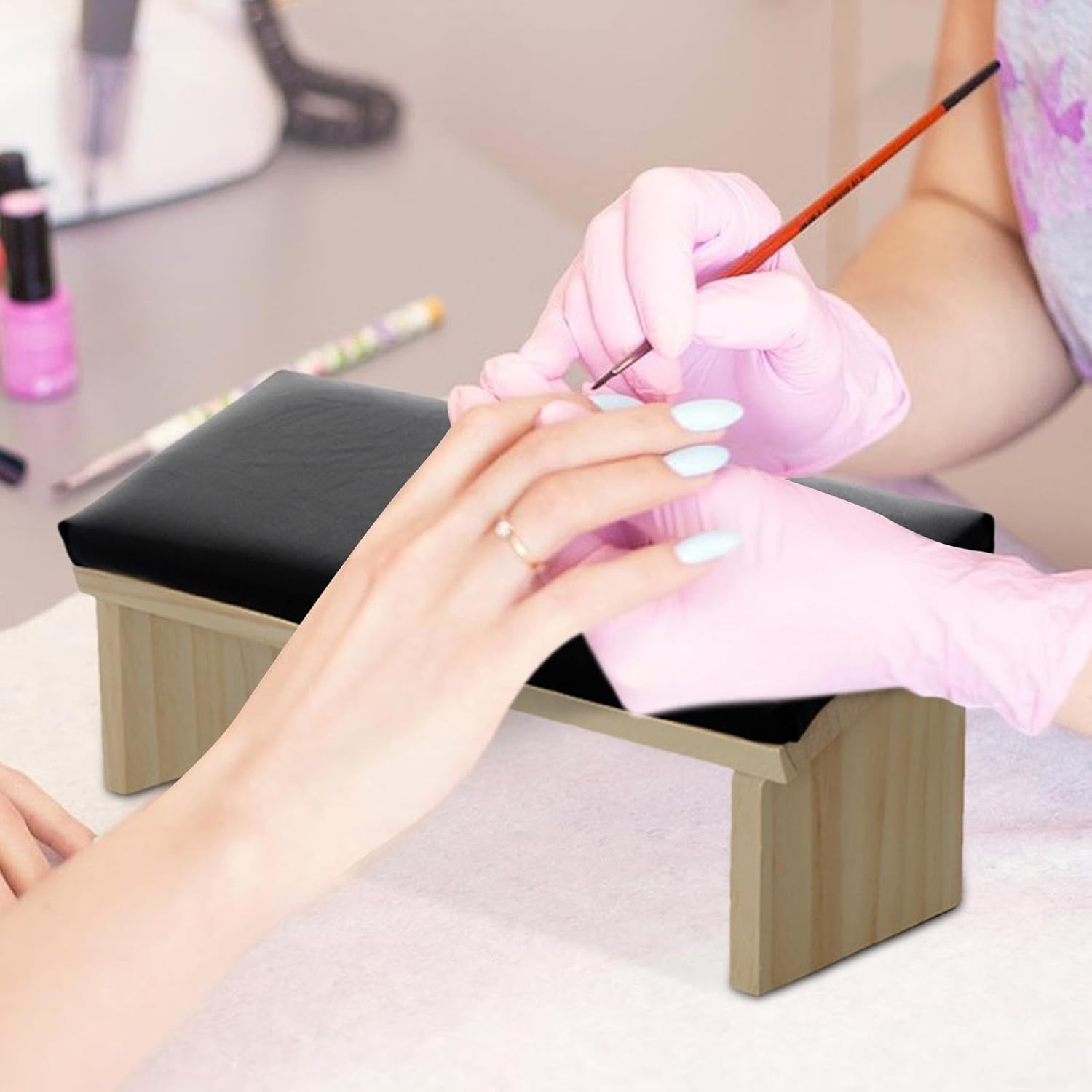 Generic Inclined Armrest Cushion - Wooden PU Leather Armrest with Beveled Design for Nail Technicians | Comfortable Nail Polish Armrest | Sturdy Stand For, LUN image number 5