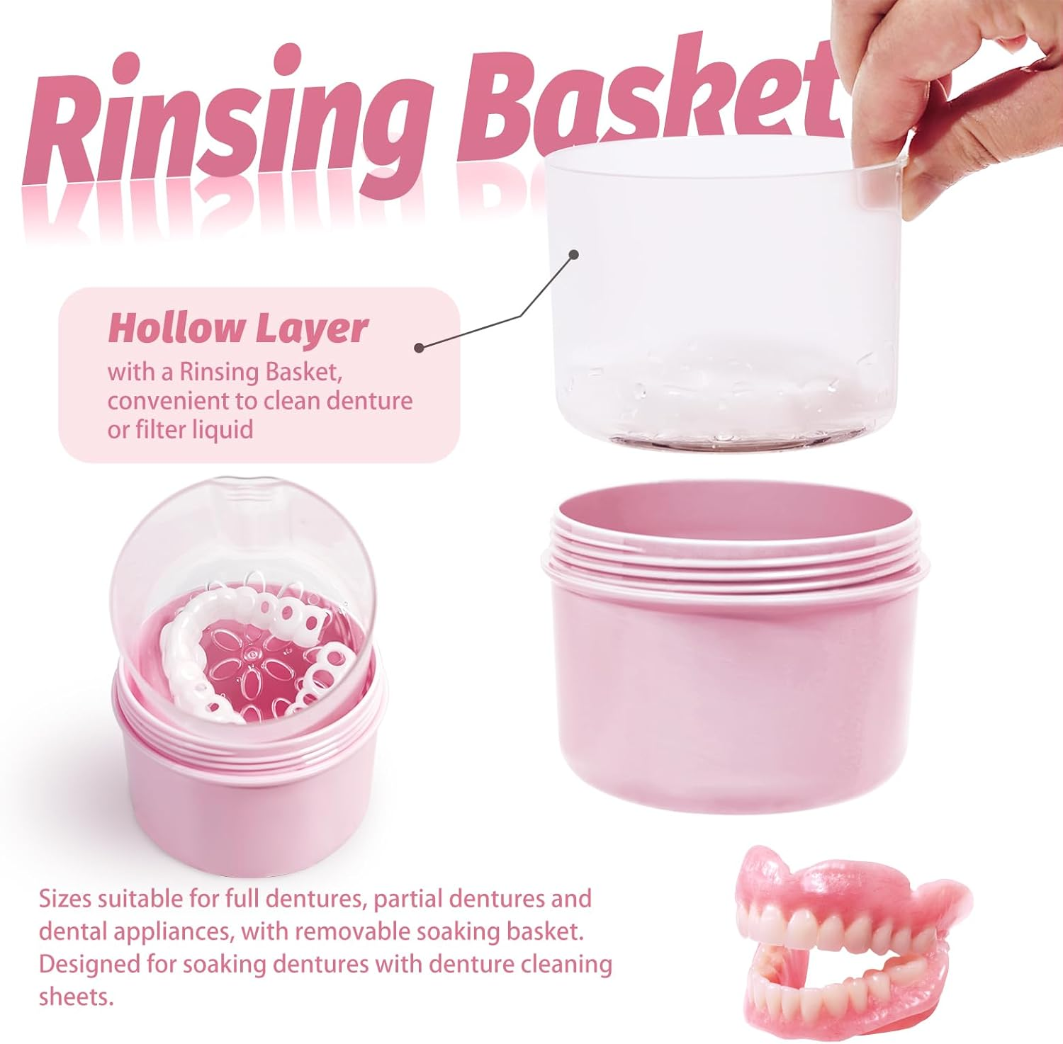 Denture Bath Case Cup Box Holder Storage Soak Container with Strainer Basket for Home or Travel Denture Cleaning (Pink) - Blue image number 4