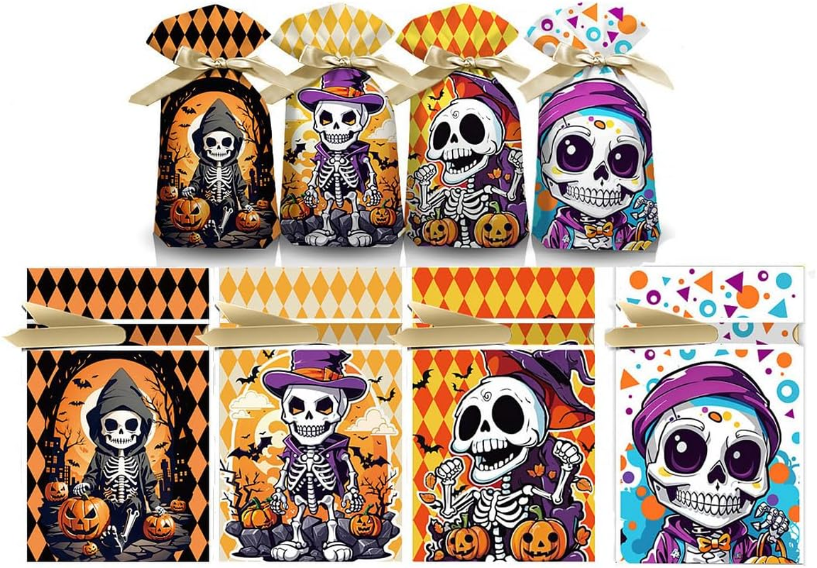 PQCLXUYA 65Pcs Halloween Treat Bags,Goodie Bags Drawstring,Plastic Drawstring Gift Bag for Kids Halloween Party Favor Trick or Treat Goody Bags Cookies Sweets (Halloween)