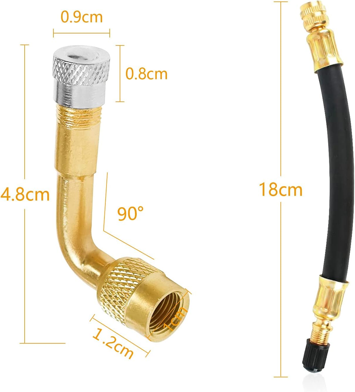 Tyre Valve Extension Adapter, 90 Degree Valve Extension and 180 Mm Flexible Rubber Tyre Valve Extension Copper Valve Adapter Angle Valve Extension for Car Motorcycle Bicycle Scooter