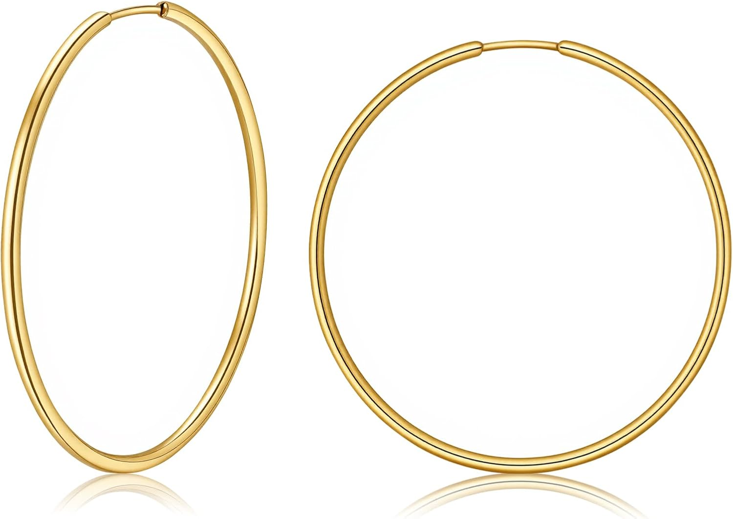 LIAN Hoop Earrings for Women 18K Gold Plated Endless Hoops Stainless Steel 2Mm Thick Simple Lightweight Large Huggie Earrings 30-70MM