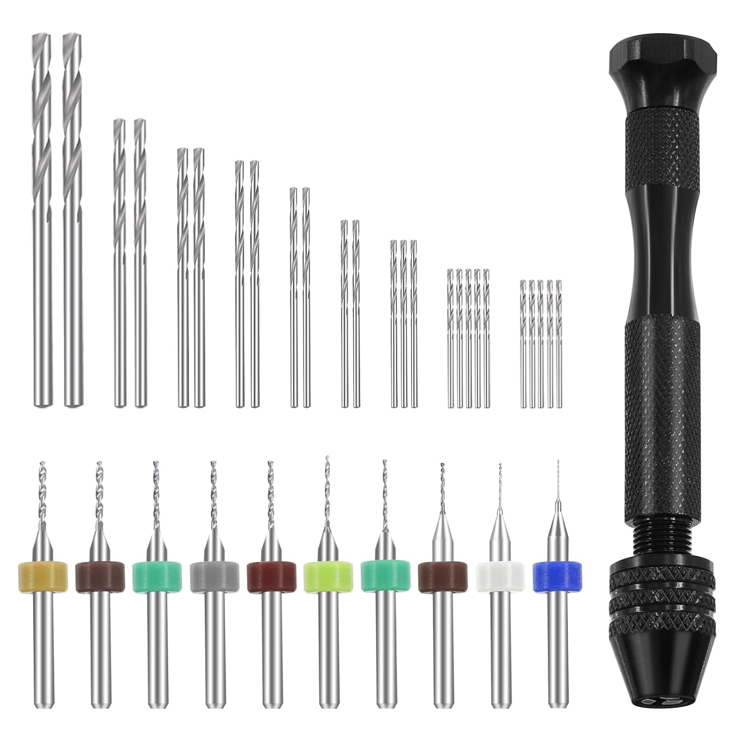 Swpeet 36 Pieces Hand Drill Bits Set Include Pin Vise Hand Drill, 25 Pieces Twist Drills and 10 Pieces Mini Drills Assortment Kit, PCB Woodworking Hand Mini Drill for Resin (0.3-1.2Mm Color Bits) image number 6