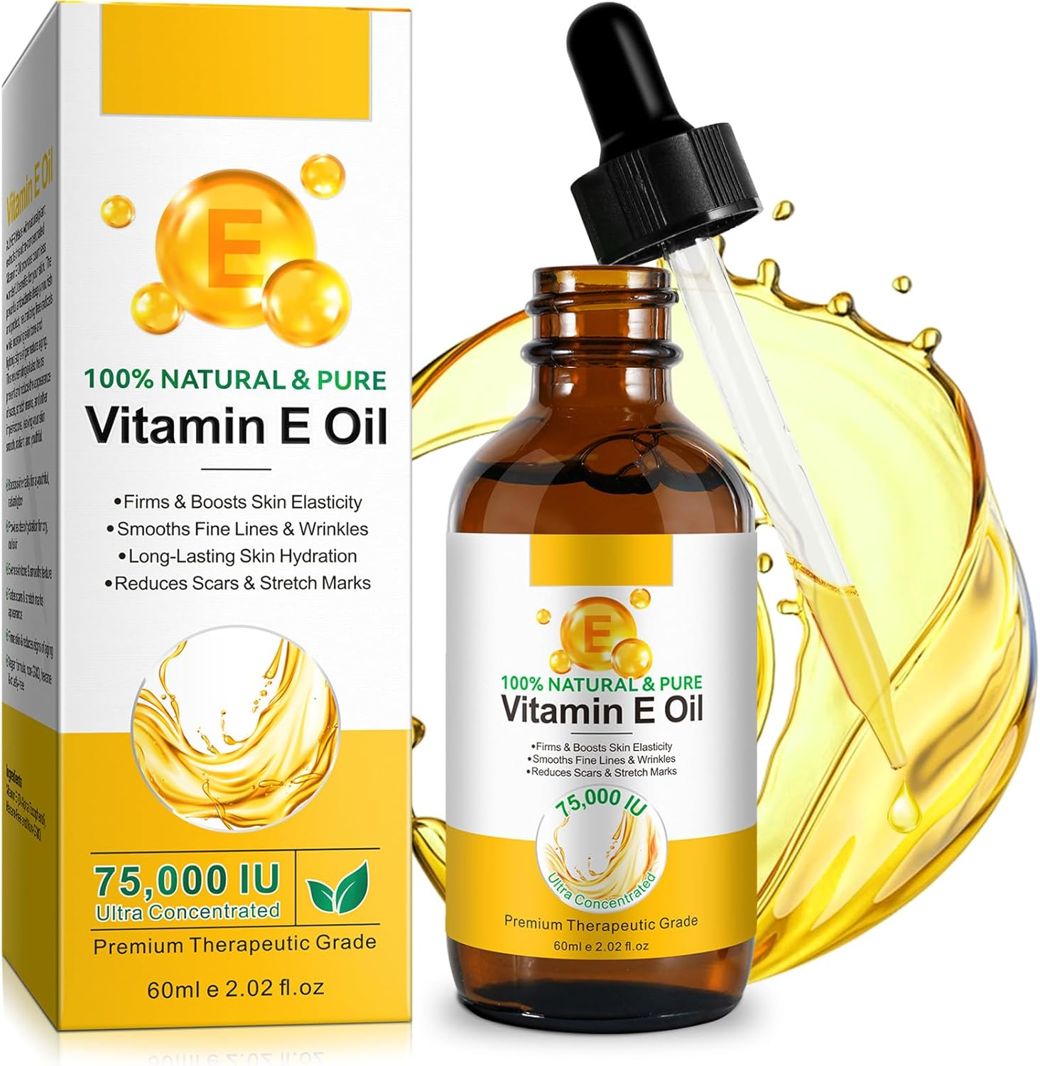 Vitamin E Oil 75,000 IU 2 Fl Oz - Pure Vitamin E Oil for Skin, Face, Hair, Body - Natural for Dryness, Wrinkles, Scars & Stretch Marks, Body Bath Oils Moisturizing and Firming Skin image number 5