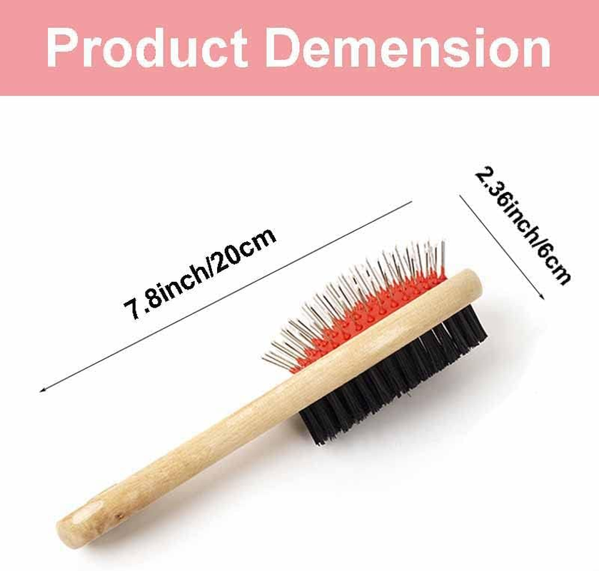 Wooden Double Sided Dog Brush - Pet Hair Grooming Tool with Pin and Soft Bristles for Dogs & Cats with Long or Short Hair - Red image number 2