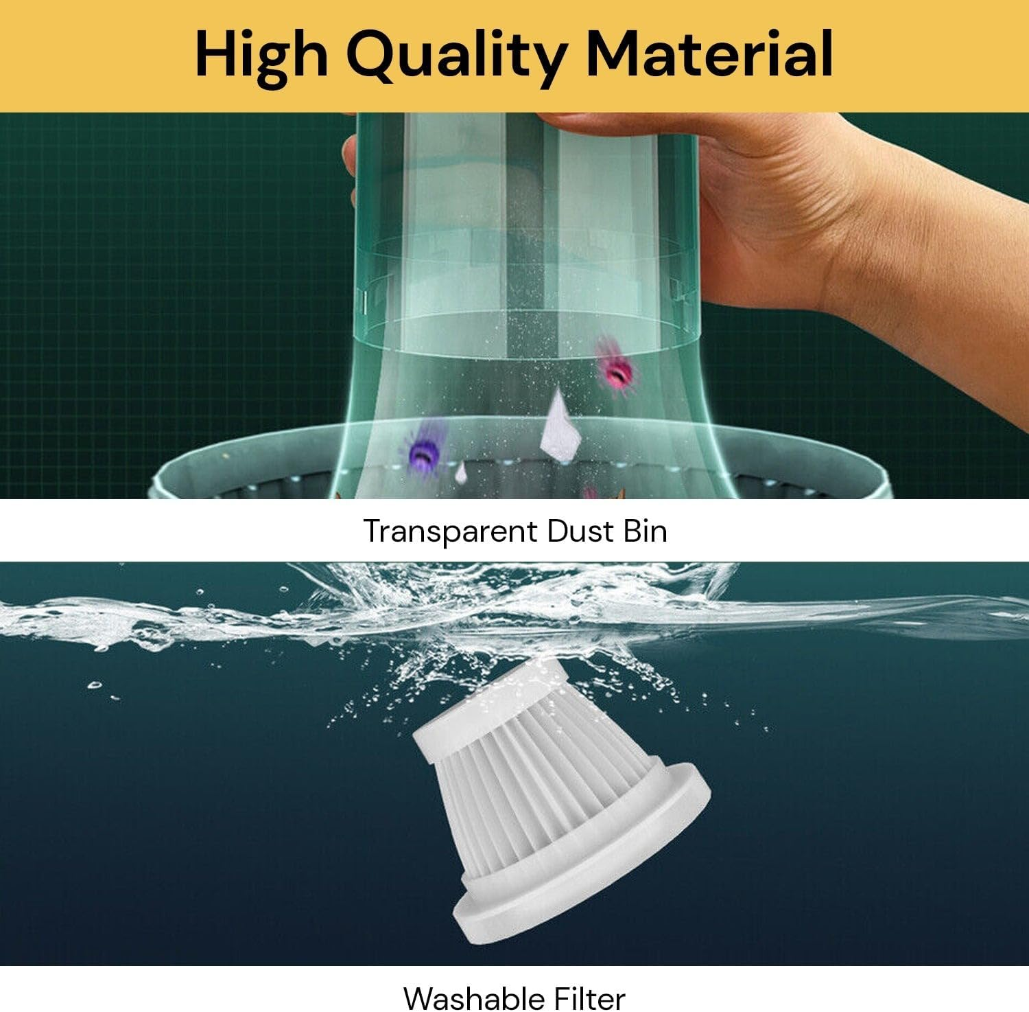 EZONEDEAL Portable Car Vacuum Cordless, Powerful Suction Dust Collector Wet Dry Dual Use Car Vacuum Cleaner for Car, Office & Home Cleaning, Handheld Vacuum Cleaner with Accessories & Filter image number 6