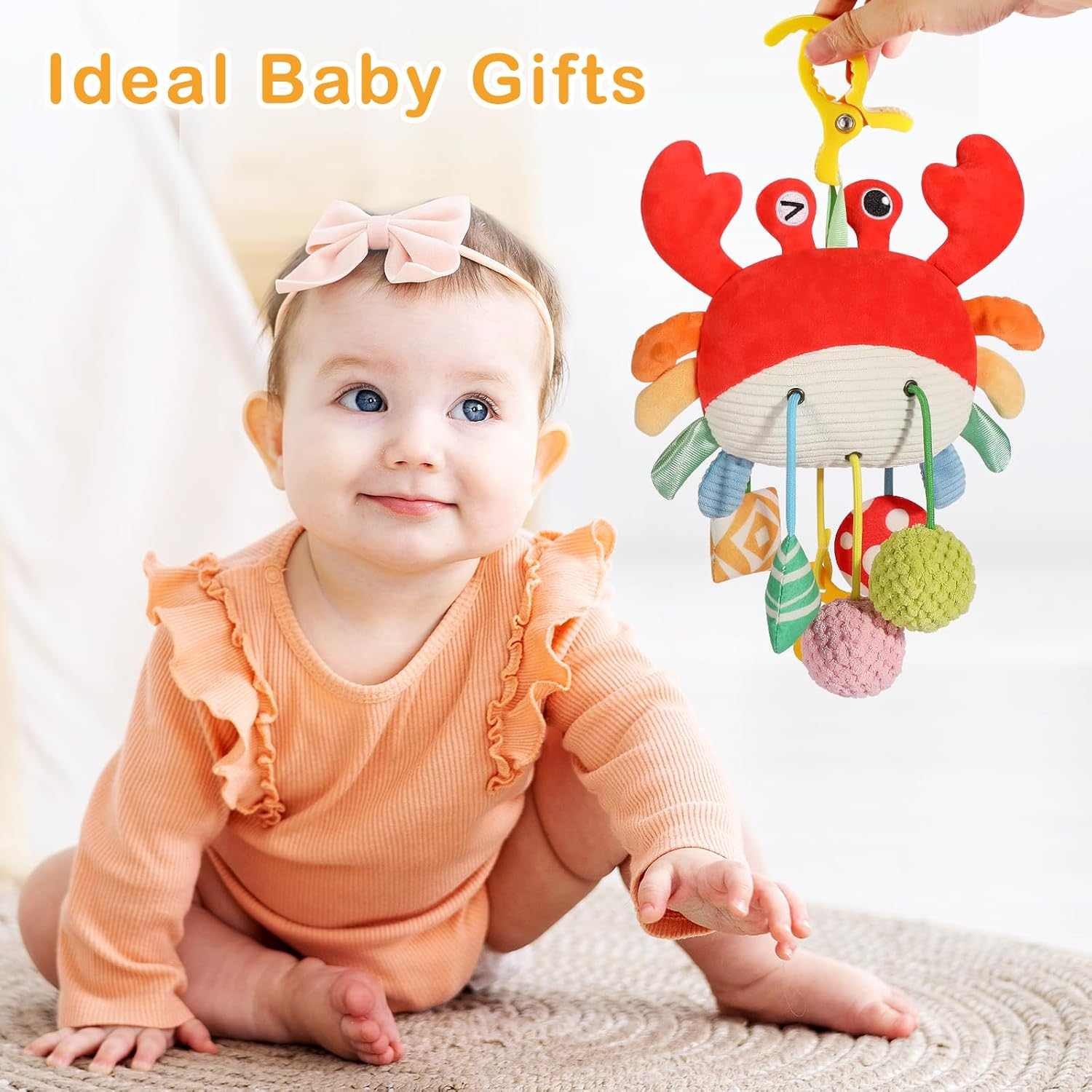 Baby & Toddler Toys, Soft Plush Crab Baby Sensory Toys with Rattle and Multiple Textures, Interactive Hanging Toy for Stroller or Car, Newborn Infant Gift image number 4