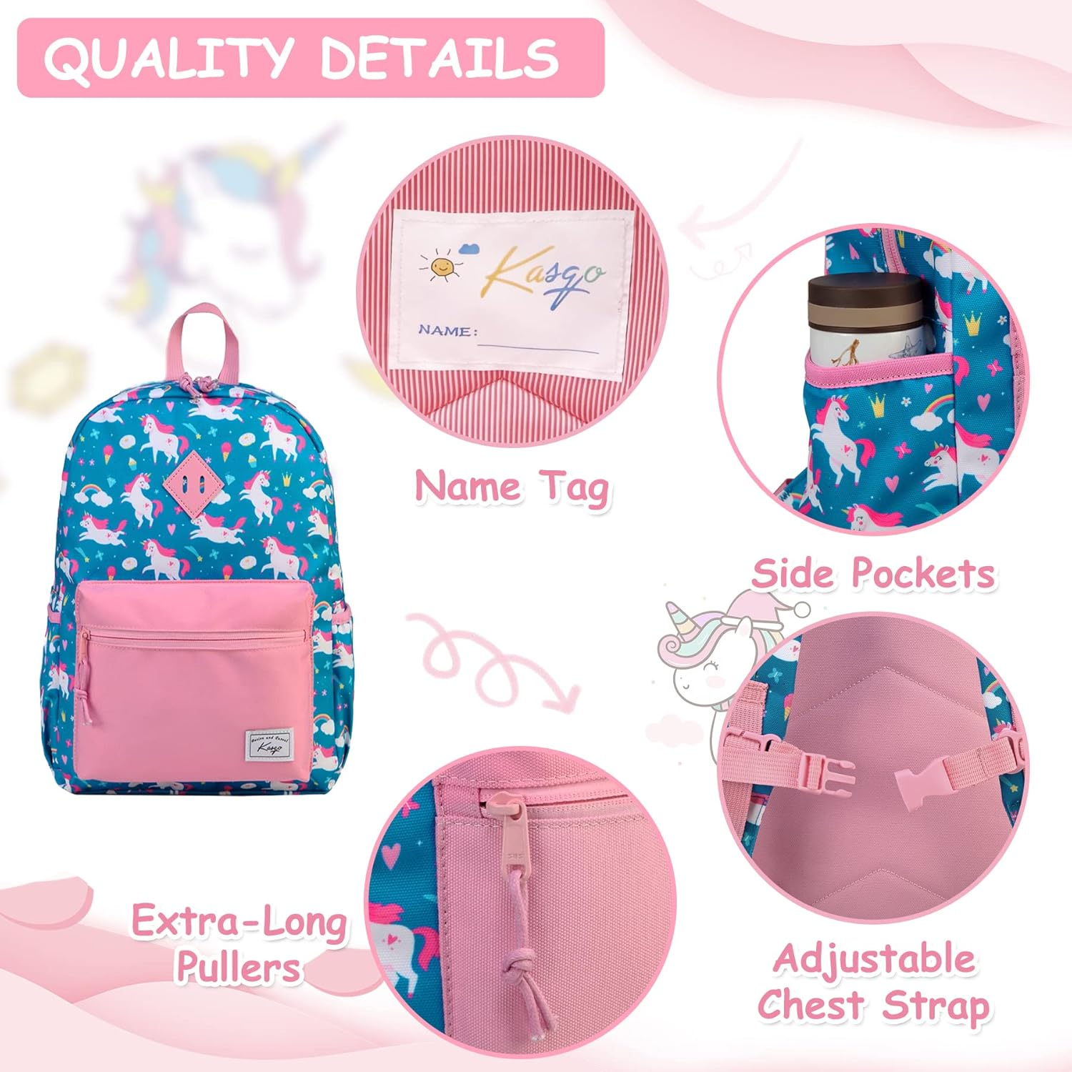 Kasqo Kids Backpack, Water Resistant Lightweight Toddler Schoolbag for Boys Girls Preschool Bookbag with Chest Strap, Age 5-9 Years Old image number 2