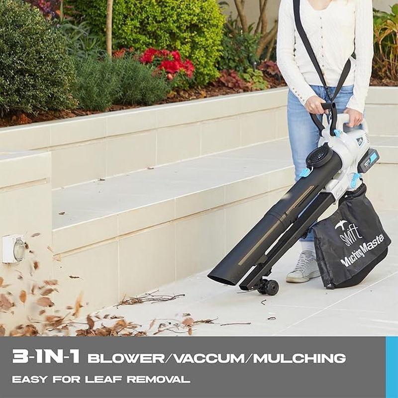 RB 3-In-1 Battery Leaf Blower and Mulcher, 40 V Blower/Vacuum Cleaner with 12 L Collection Bag, on Wheels, 35:1 Shredding Ratio with Battery and Charger