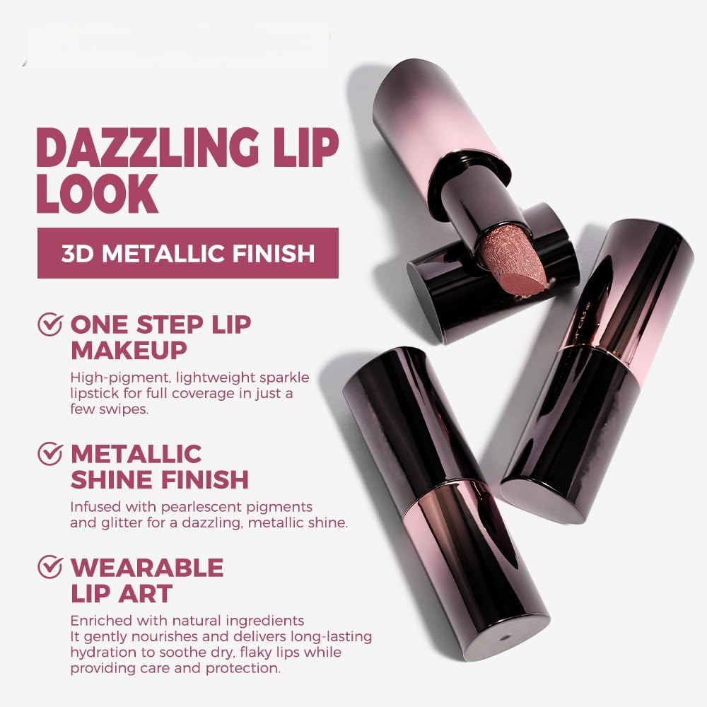 Metallic Pearl Lipstick - 5 Luxe Shades, 3D Shimmer Finish, Lightweight and Nourishing, High Impact Lipcolor,Magnetic Case, Long-Lasting Hydrating Lip Makeup (03 GILDED COCOA) - 01 Gold-Flecked Ruby image number 3