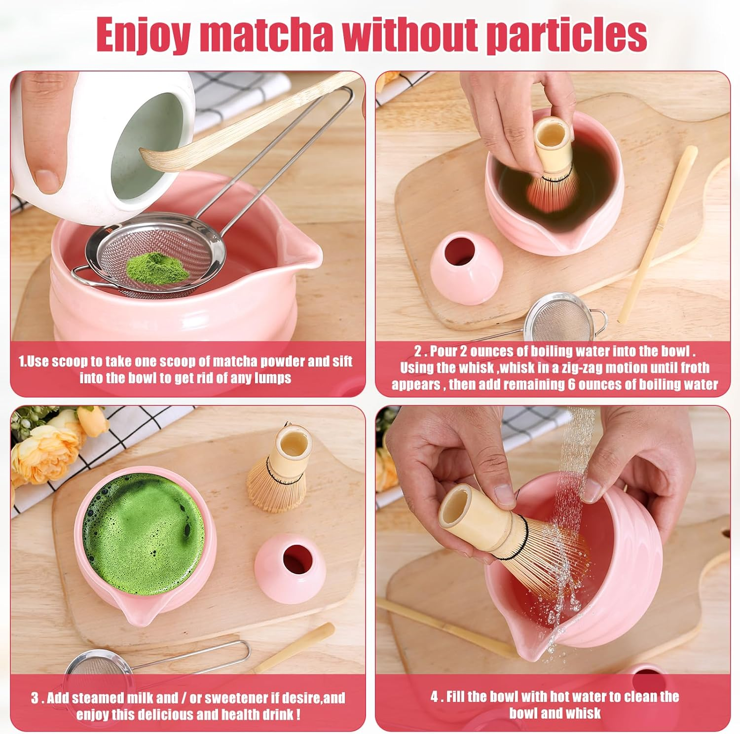 5 Pieces Matcha Tea Set, Matcha Whisk Set Cute Whisk and Bowl with Spout, Matcha Whisk Holder, Matcha Spoon, Stainless Sifter, Perfect Matcha Kit for Matcha Lover (Pink) - Glass Transparent image number 6