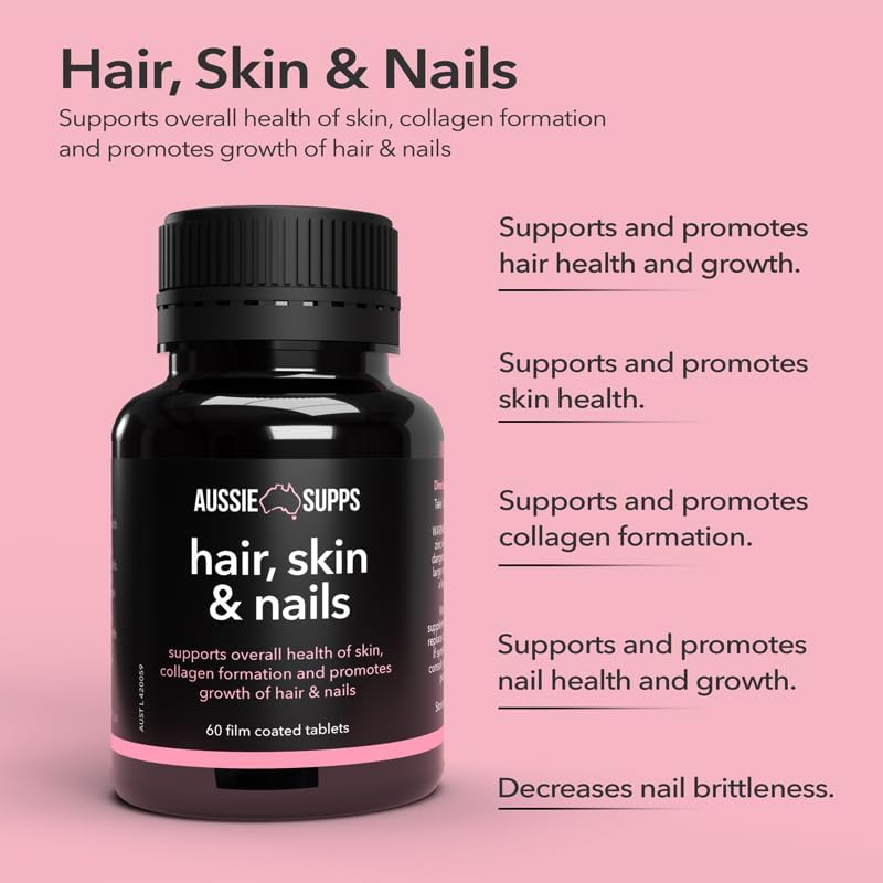 Aussiesupps Hair, Skin and Nails &ndash; Supports Hair Growth, Radiant Skin, Strong Nails, with French Pine Bark, Zinc, Biotin, Vitamin C, Dimethyl Sulfone, and Silicon (60 Tablets) image number 1