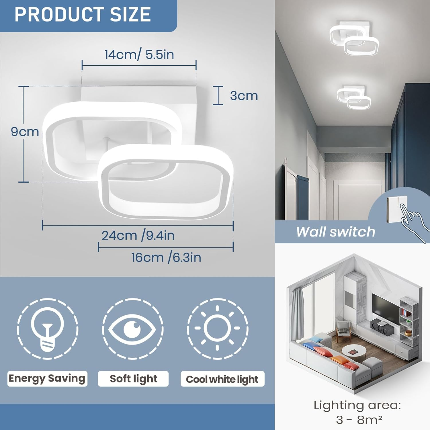 Ceiling Light Modern 22W LED Cool White 6000K Acrylic Square LED Ceiling Lamp for Hallway Office Bedroom Kitchen Living Room Ceiling Lights (White) - Silver - Cold Light - 6000K image number 6