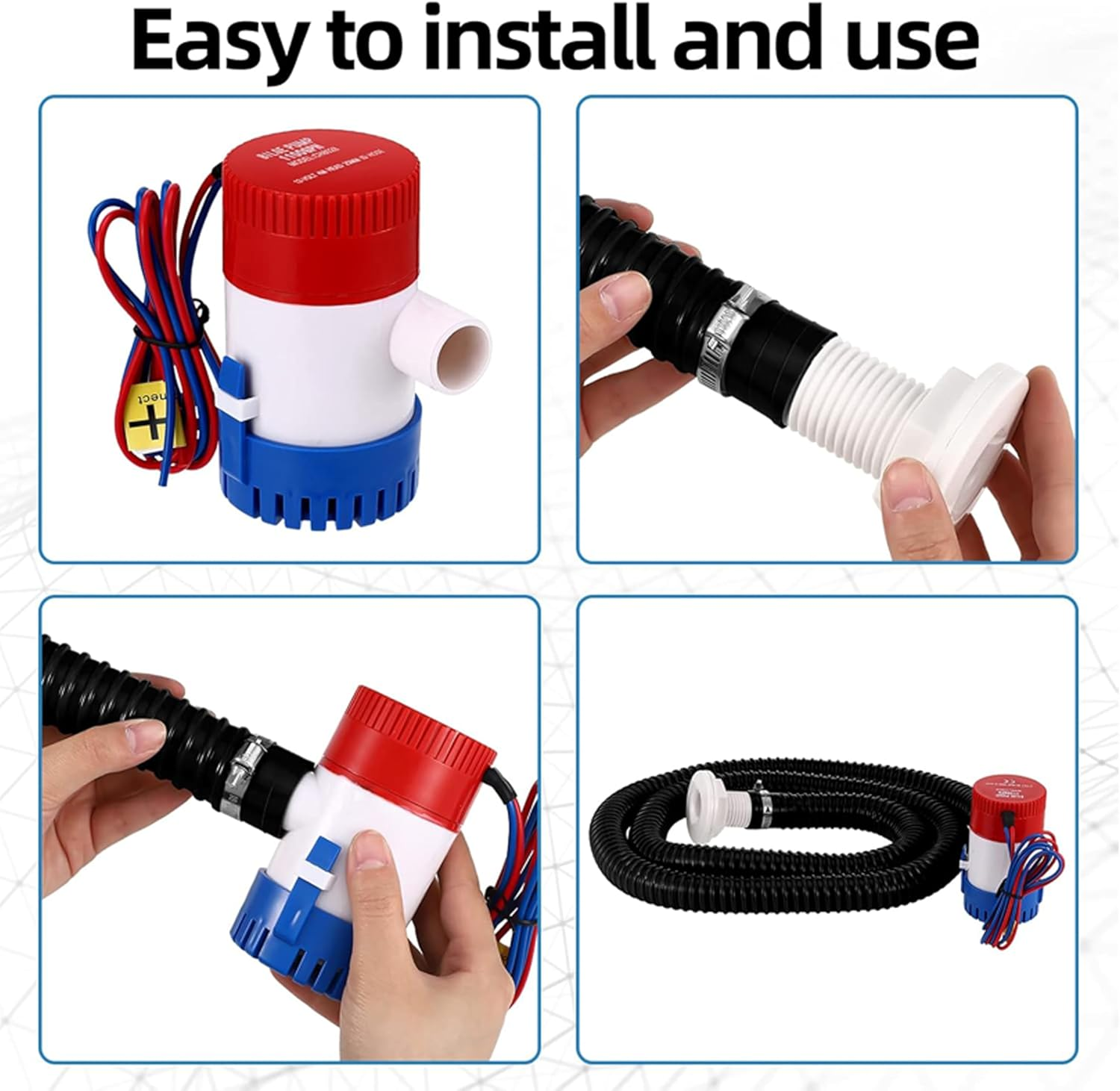 Bilge Pump Kit,Submersible Boat Bilge Water Pump 12V 1100Gph with 6FT PVC Bilge Pump Hose,2 Clamps,Thru-Hull Fitting,For Ponds,Pools,Spas Silent,Boat Caravan RV Submersible image number 1