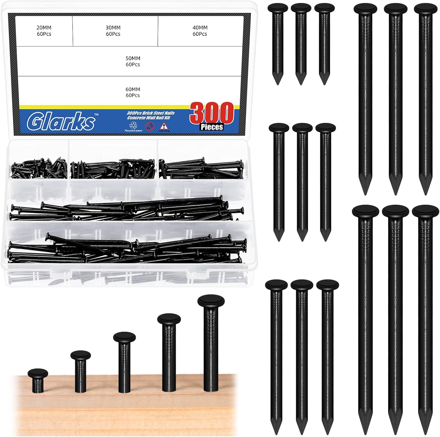 Glarks 300Pcs 20/30/40/50/60Mm Brick Steel Nails Kit, White Zinc Carbon Steel Hardware Nails, Finishing Nails, Brad and Picture Hanging Nails, Wood Nails, Cement Nails for Drywall and Pine