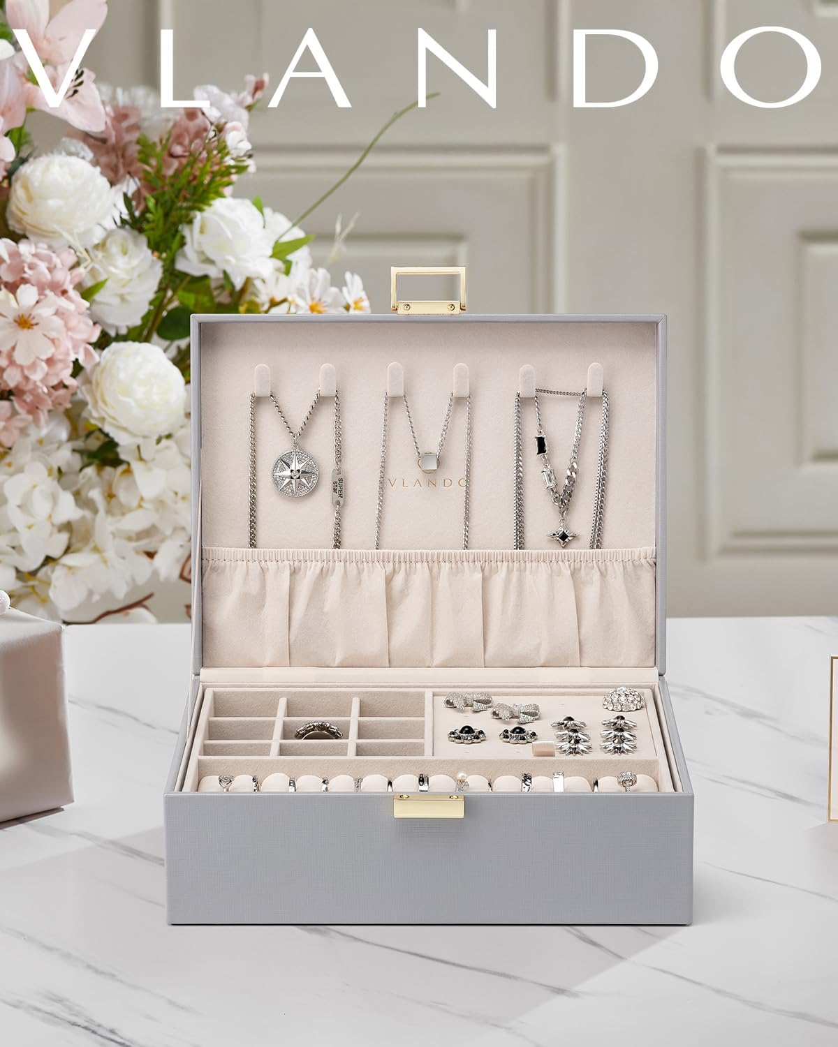 Vlando Jewellery Box, 2 Layers, Jewellery Storage Box, Large, Jewellery Box for Women, Girls, Removable Jewellery Tray for Rings, Earrings, Necklaces image number 2