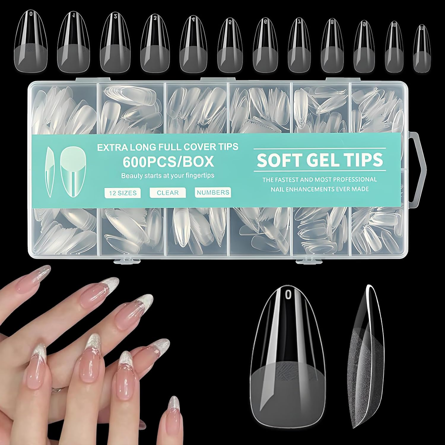 Jotia 600Pcs False Nail Tips, 10 Sizes Pre-Shape Press on Nails Clear Half Frosted Nails Tip Fake Nails Full Cover Artificial Nail Tips for Nail Extension (Blue Box)