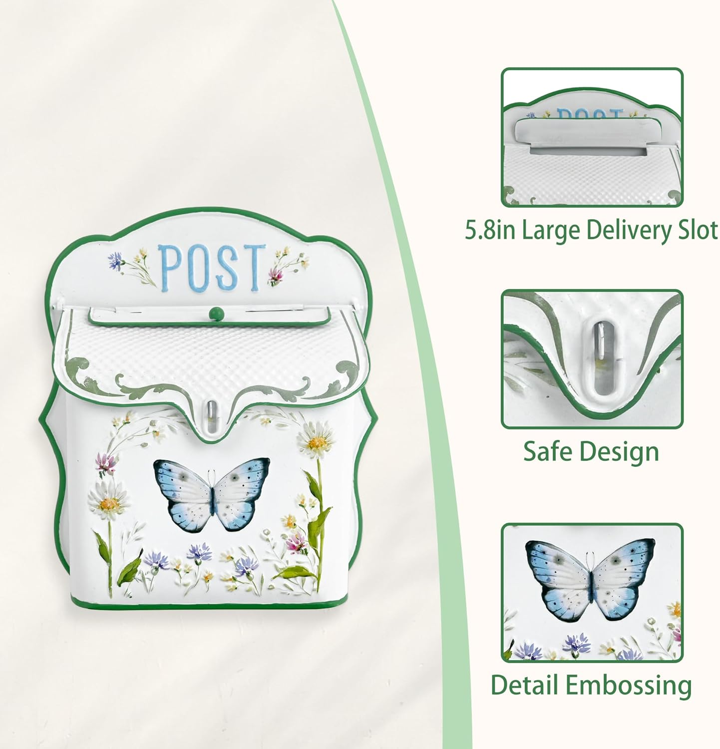 Z&sup2; Belladecor Mailbox Wall Mount Mailboxes for outside Vintage Mail Boxes for House outside Metal Drop Box Antique Style Nostalgic Charm Home Decorative, Butterfly Pattern, White - White B image number 3