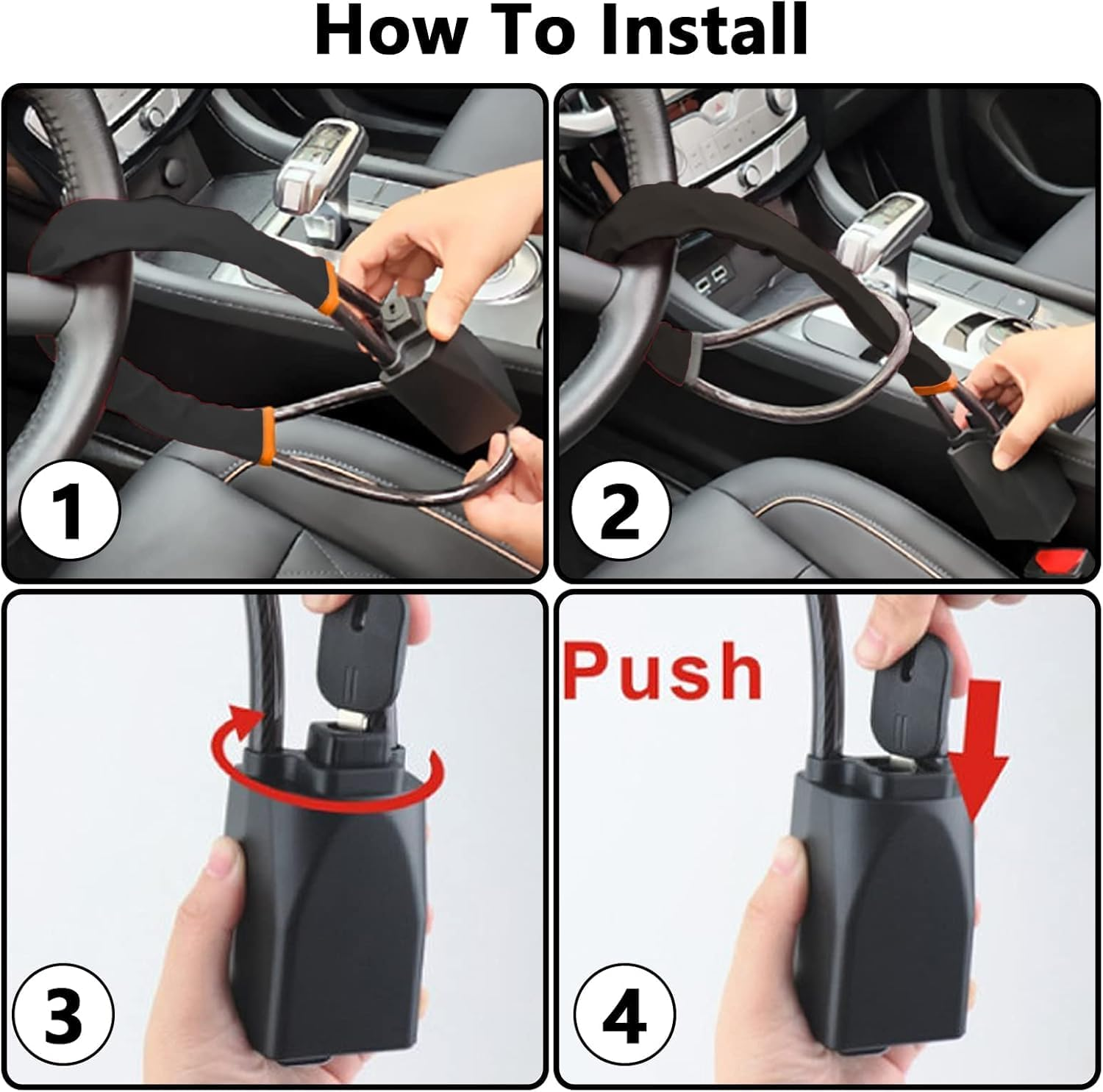 Car Steering Wheel Lock, Seat Belt Lock, Anti-Theft Device, Max 17 Inch Length, Small and Light-Weight, Multi-Functional, Fit Most Vehicle, SUV, Golf Cart Security (Black) - Red image number 5