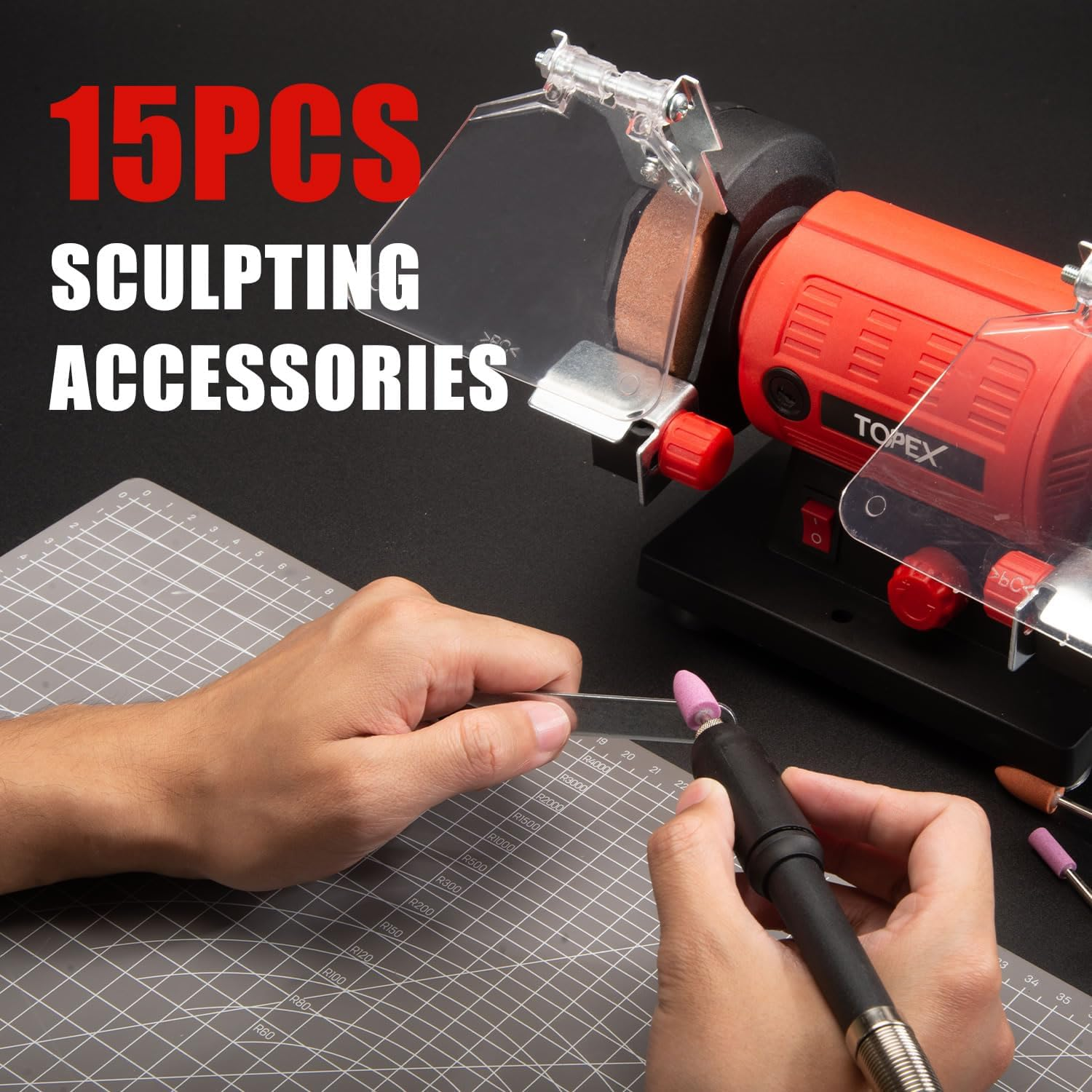 TOPEX 120W Bench Grinder Polisher W/ 2 Grinding Wheels& Adjustable Tool Rests& Eye-Protecting Shields& Static Wheel Guards, Multifunction Electric Polishing Grinding Engraving Buffing Machine image number 4